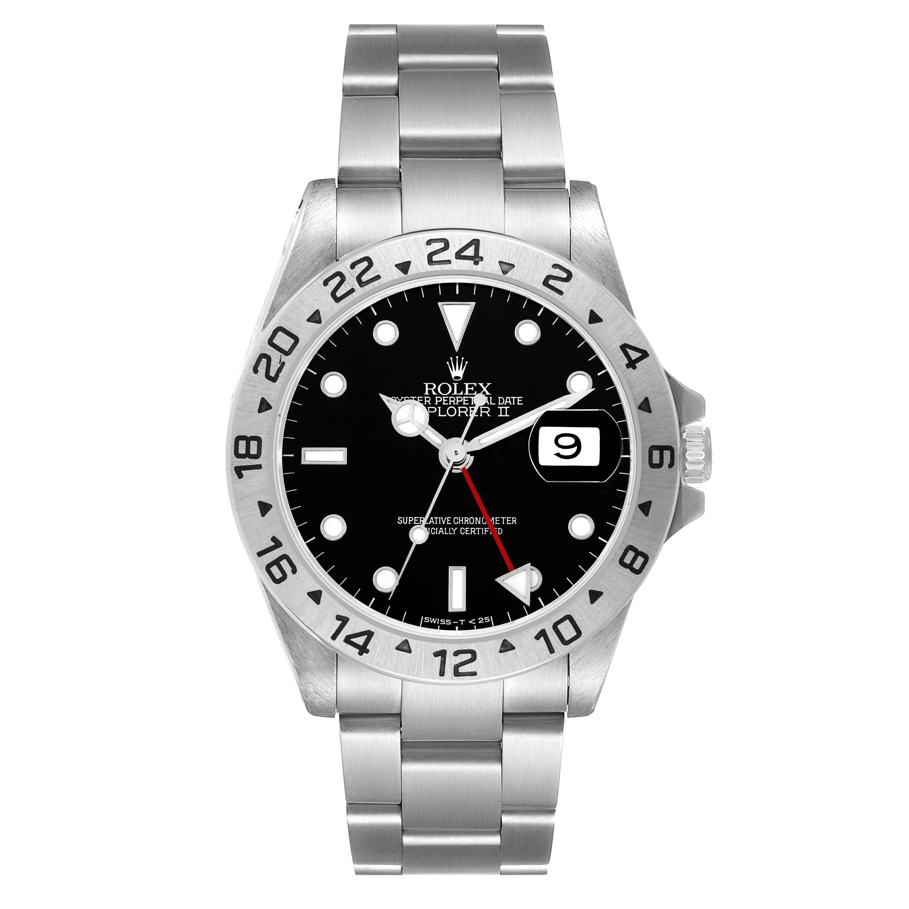 The image shows a front view of a Rolex Explorer 16570 Men
s Stainless Steel Black Dial watch, highlighting the dial, bezel, hands, bracelet, and date window.