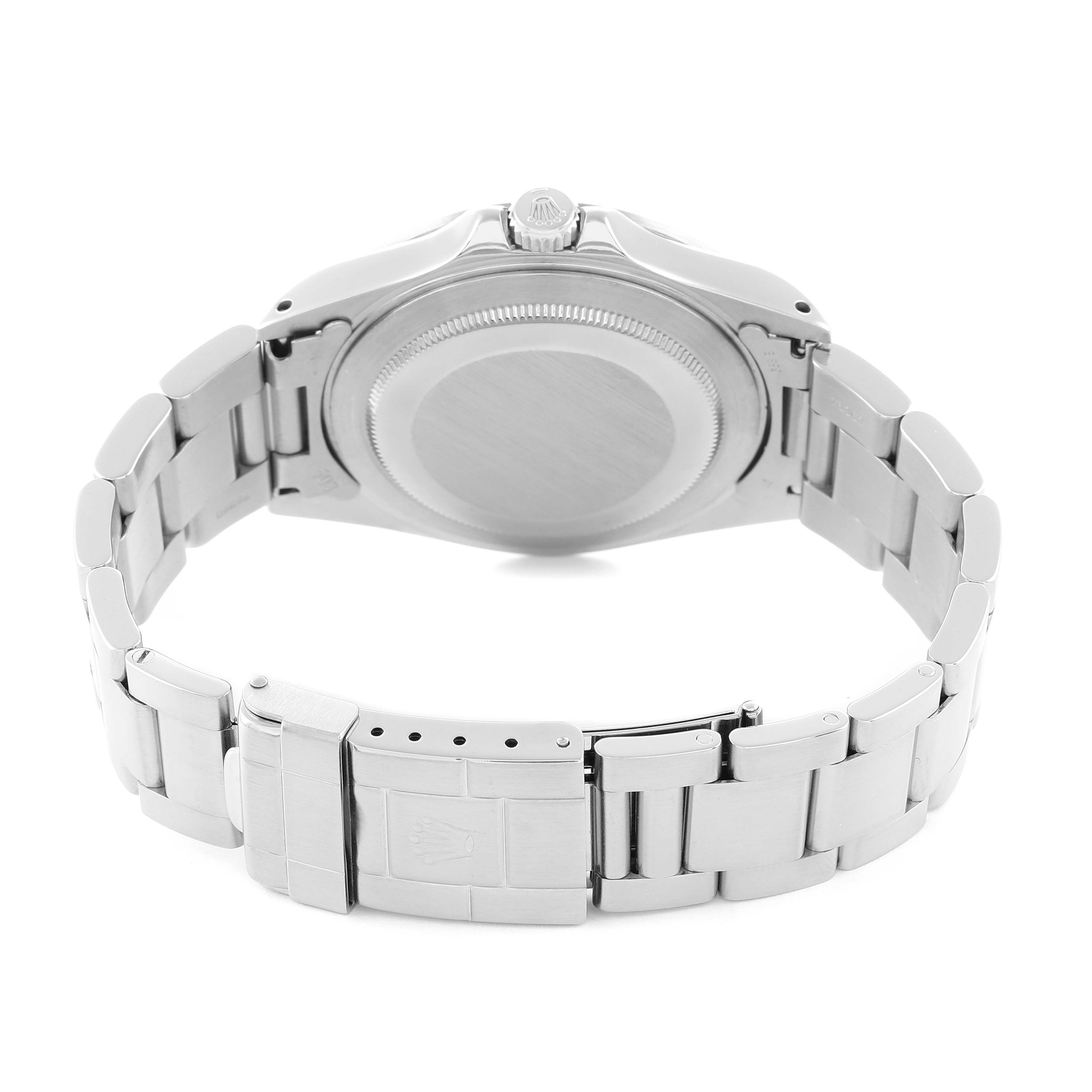 The image shows the back of the Rolex Explorer 16570 Men
s Stainless Steel Black Dial watch, highlighting the case back and bracelet clasp.