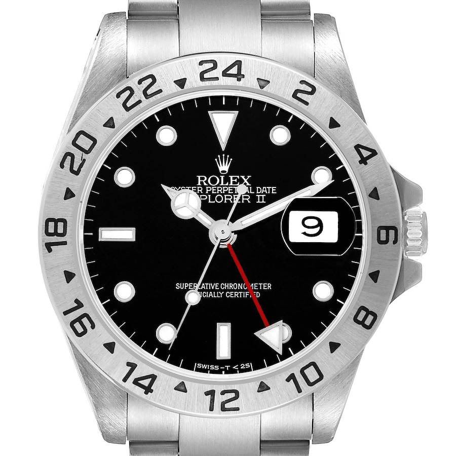 The Rolex Explorer 16570 Men's Stainless Steel Black Dial II is shown from the front, highlighting the dial, bezel, date window, and part of the bracelet.