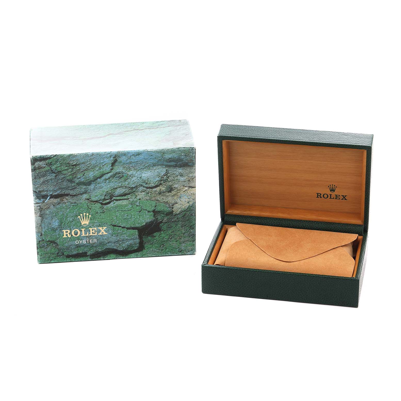 The image shows a Rolex Explorer 16570 Men
s Stainless Steel Black Dial watch box and packaging from a front angle, with the box open and empty inside.