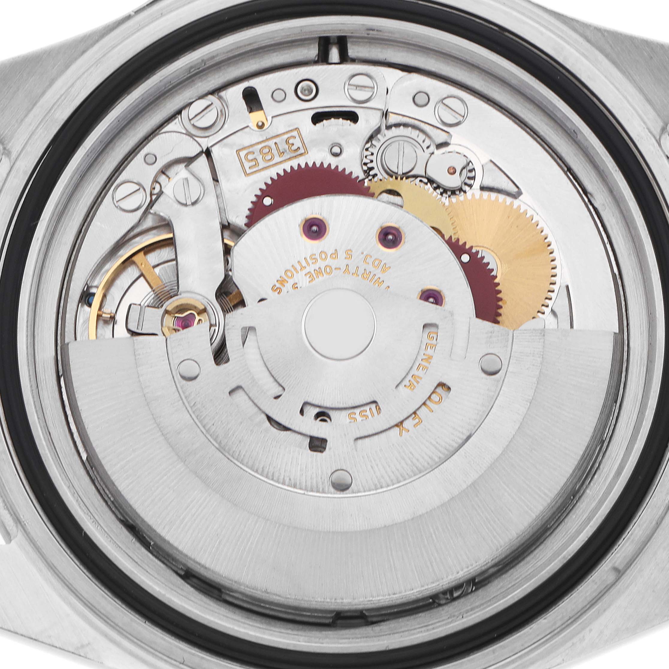 This image shows the inner movement mechanism of a Rolex Explorer 16570 Men
s Stainless Steel Black Dial watch from a back view angle.