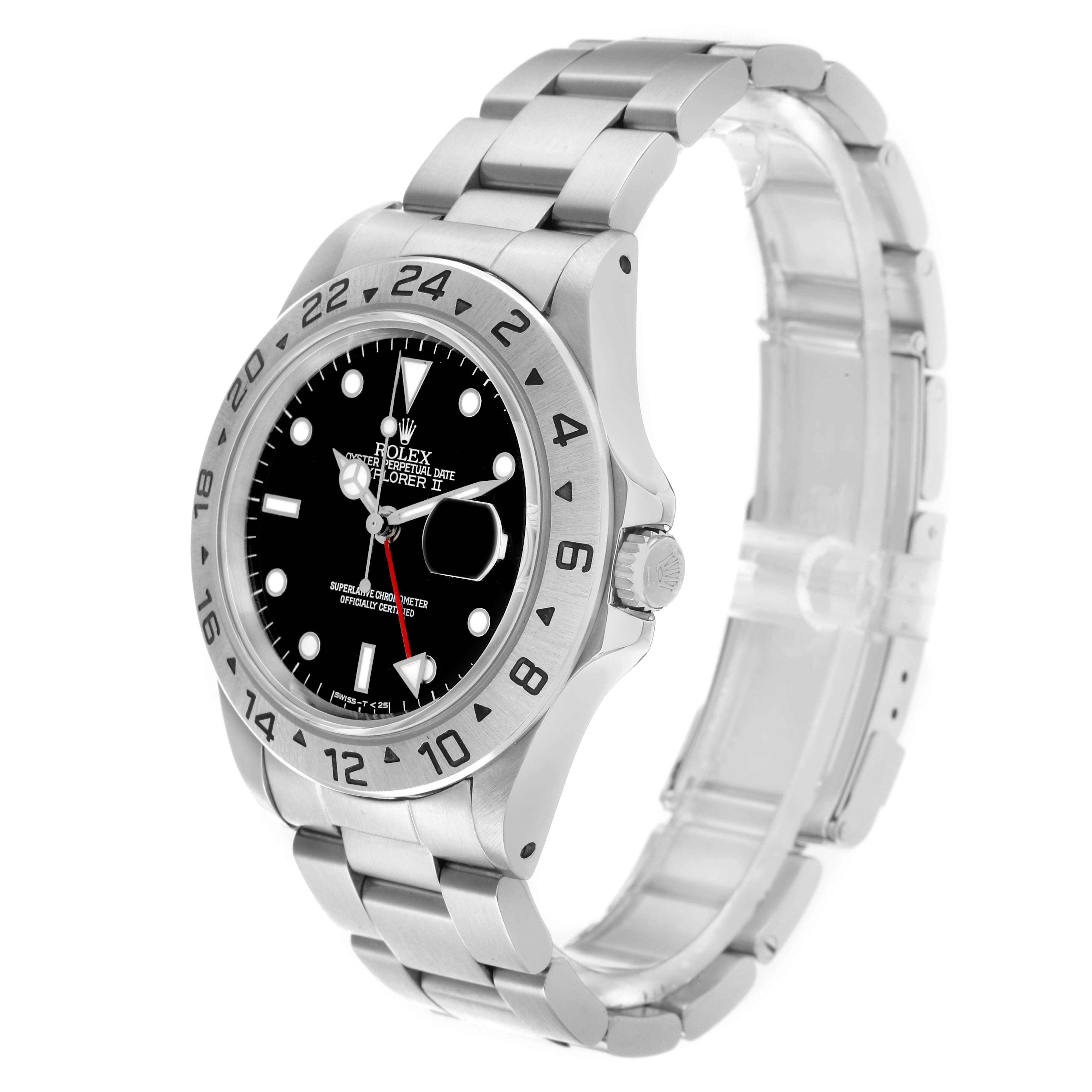 The Rolex Explorer 16570 Men
s Stainless Steel Black Dial watch is shown at a three-quarter angle, highlighting its bezel, dial, crown, and bracelet.