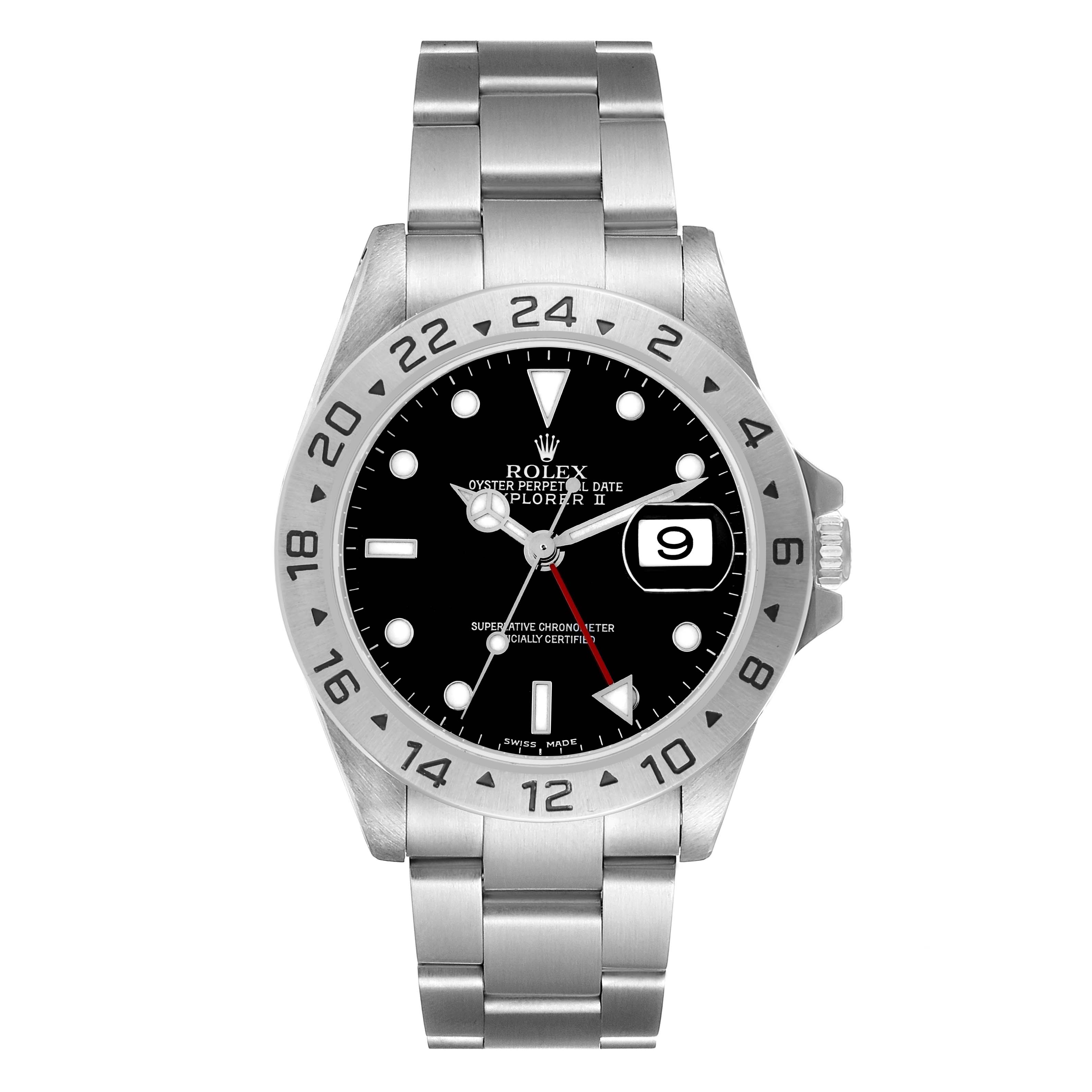 The Rolex Explorer 16570 Men
s Stainless Steel Black Dial model is shown from the front, displaying the face, bezel, and bracelet clearly.