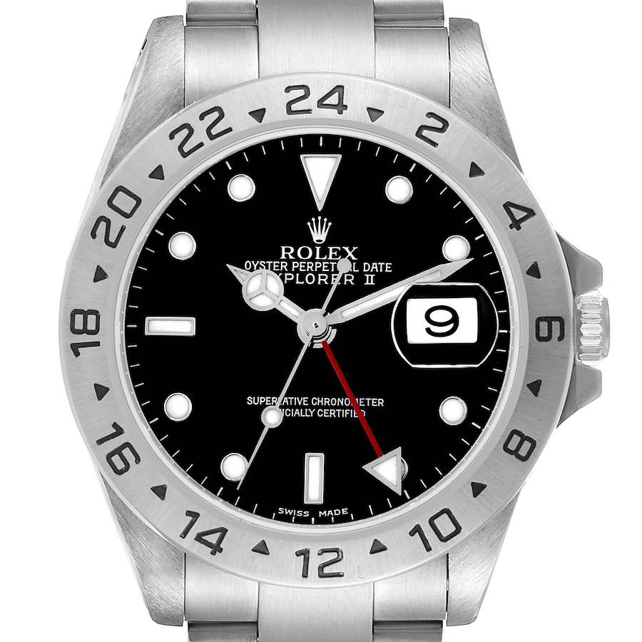 The Rolex Explorer 16570 Men's Stainless Steel Black Dial II watch is shown from a front angle, highlighting the bezel, dial, hands, and date window.