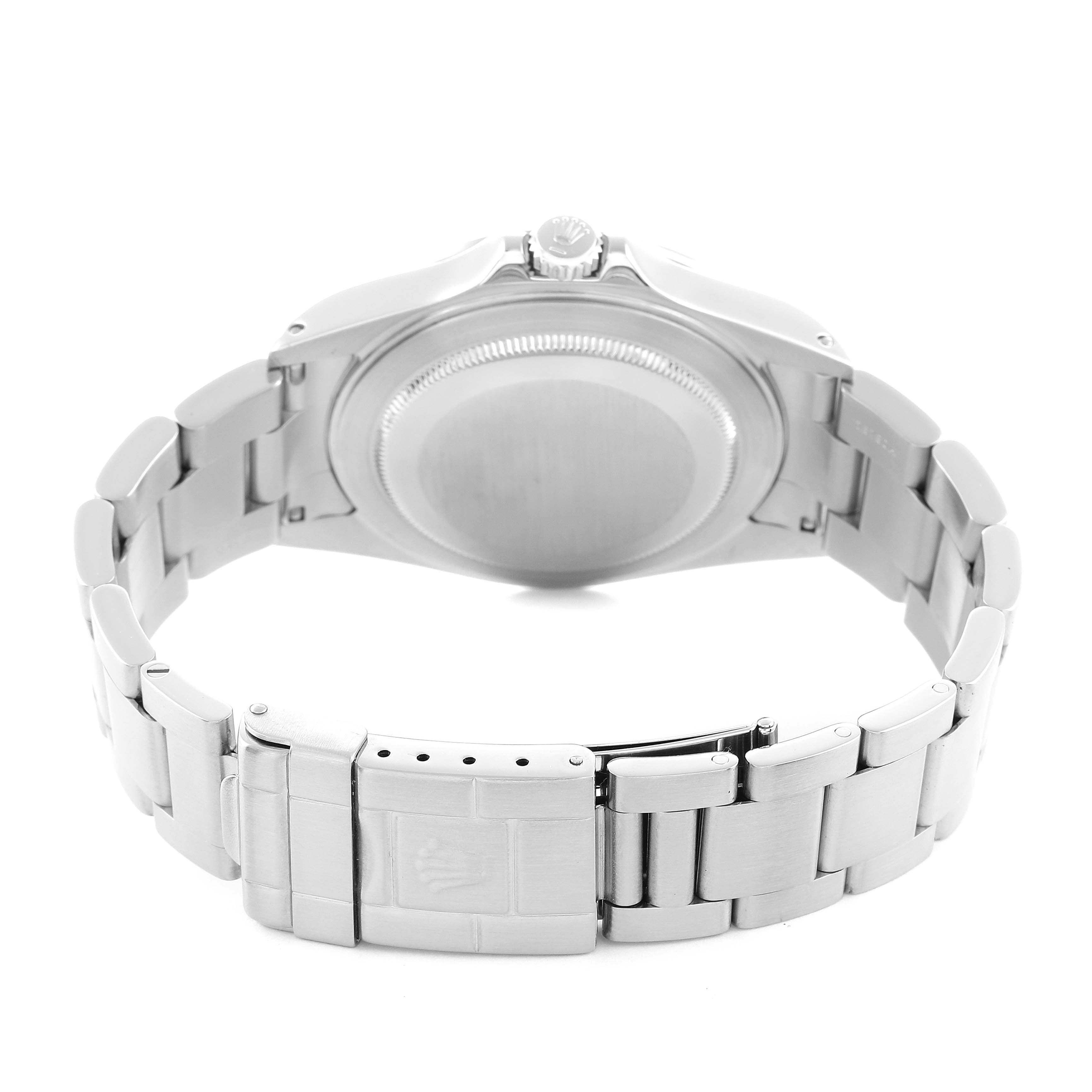 The image shows a rear view of the Rolex Explorer 16570 Men
s Stainless Steel Black Dial, highlighting the clasp, bracelet, and case back.