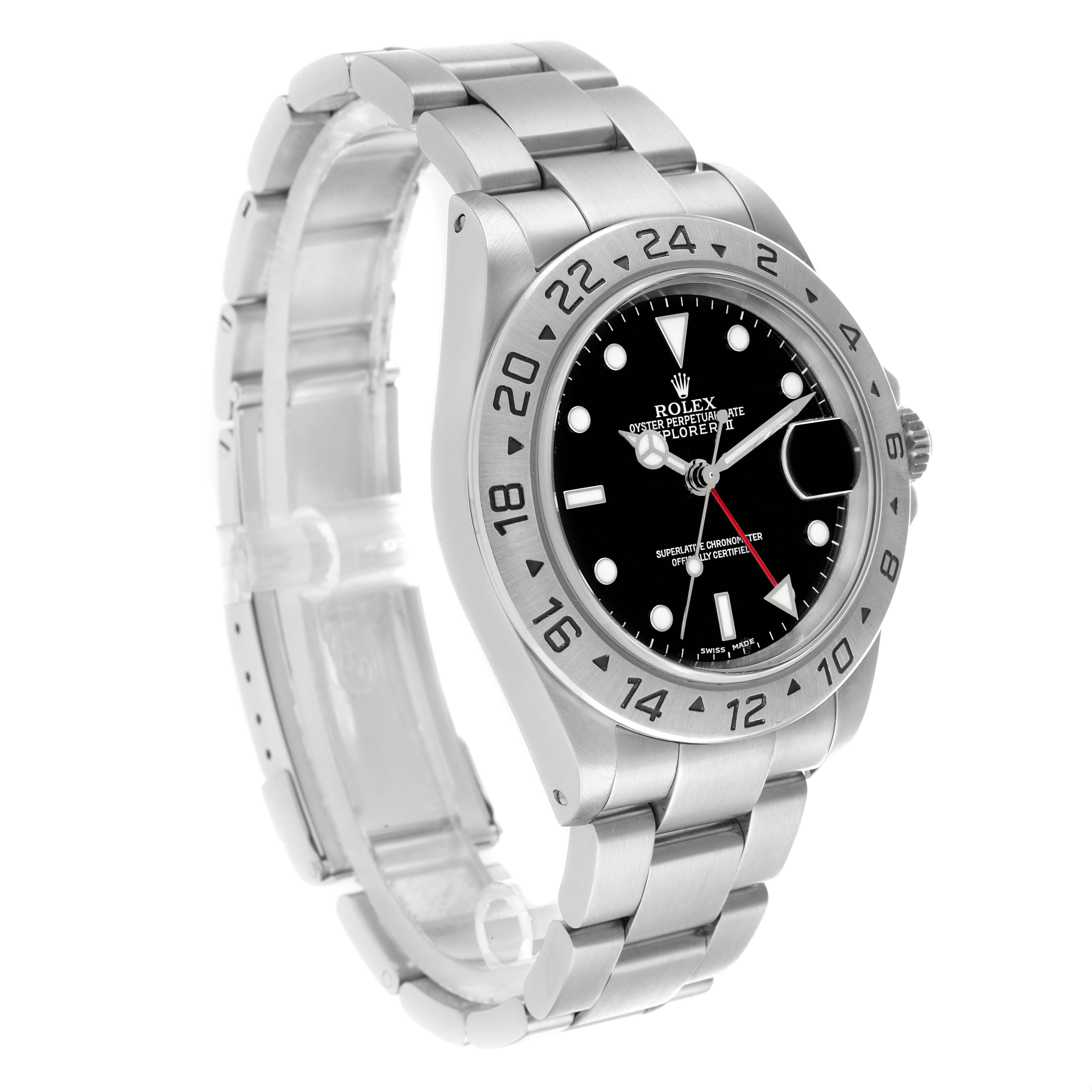 The Rolex Explorer 16570 Men
s Stainless Steel Black Dial watch is shown at a three-quarter angle, highlighting the bezel, black dial, and stainless steel bracelet.