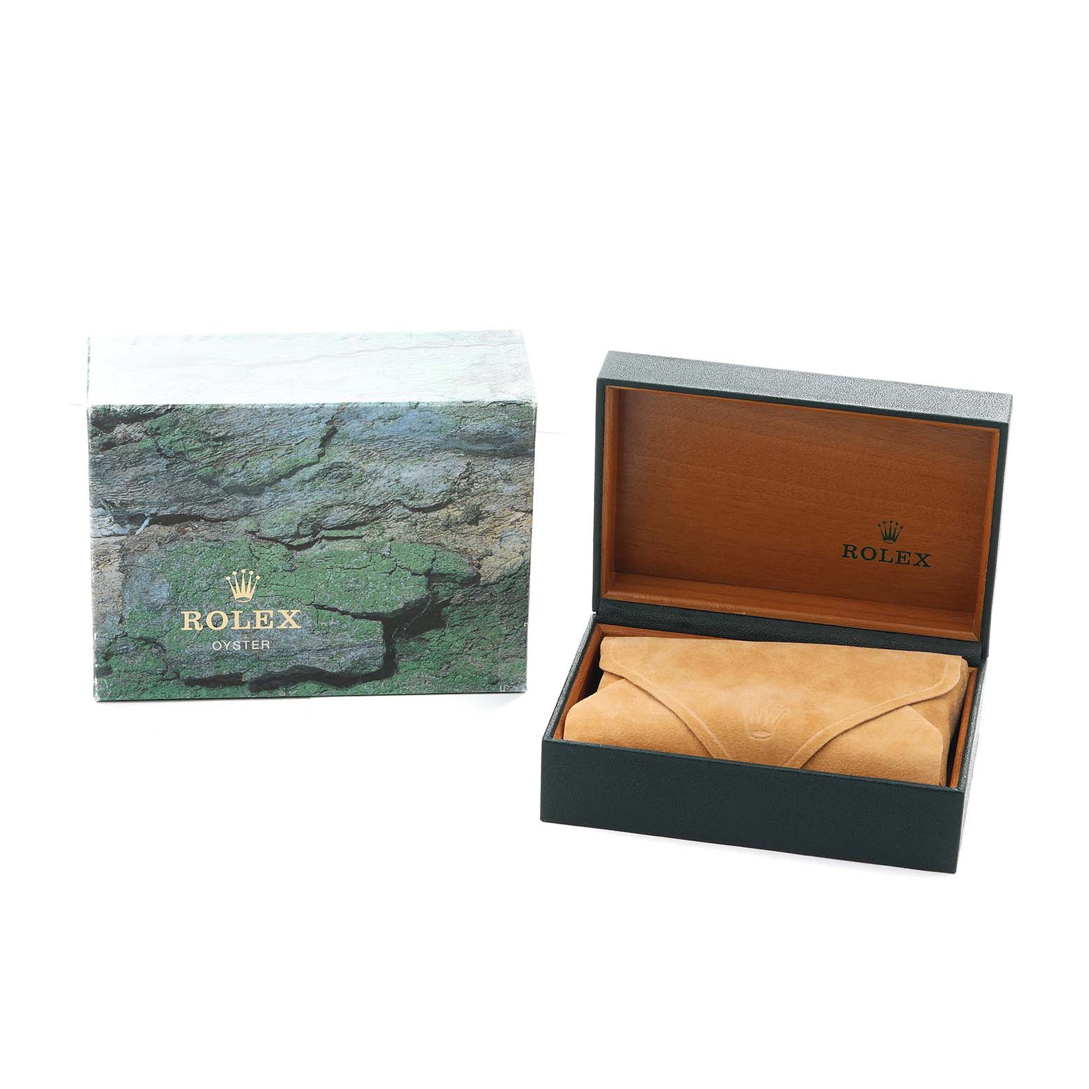 The image shows the packaging for a Rolex Explorer 16570 Men
s Stainless Steel Black Dial, including an outer box and an open display box with a protective cover.