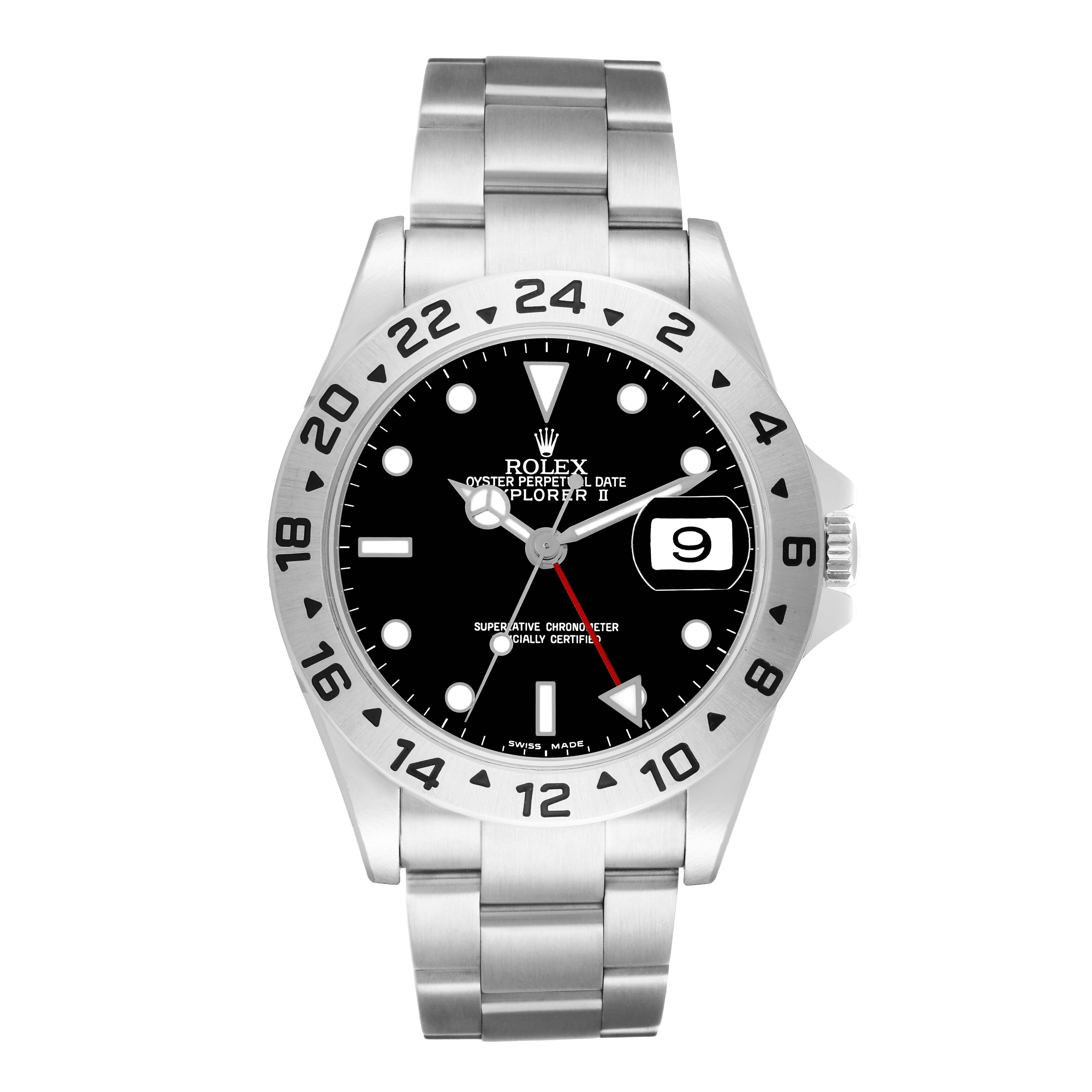 The Rolex Explorer 16570 Men
s Stainless Steel Black Dial watch is shown from the front, displaying the bezel, dial, hands, date, and bracelet.