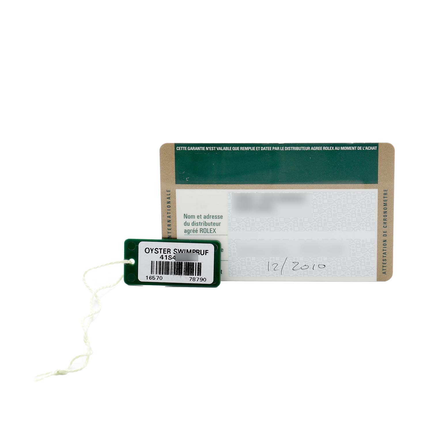 The image shows a warranty card and tag for the Rolex Explorer 16570 Men
s Stainless Steel Black Dial model, displayed from the front.