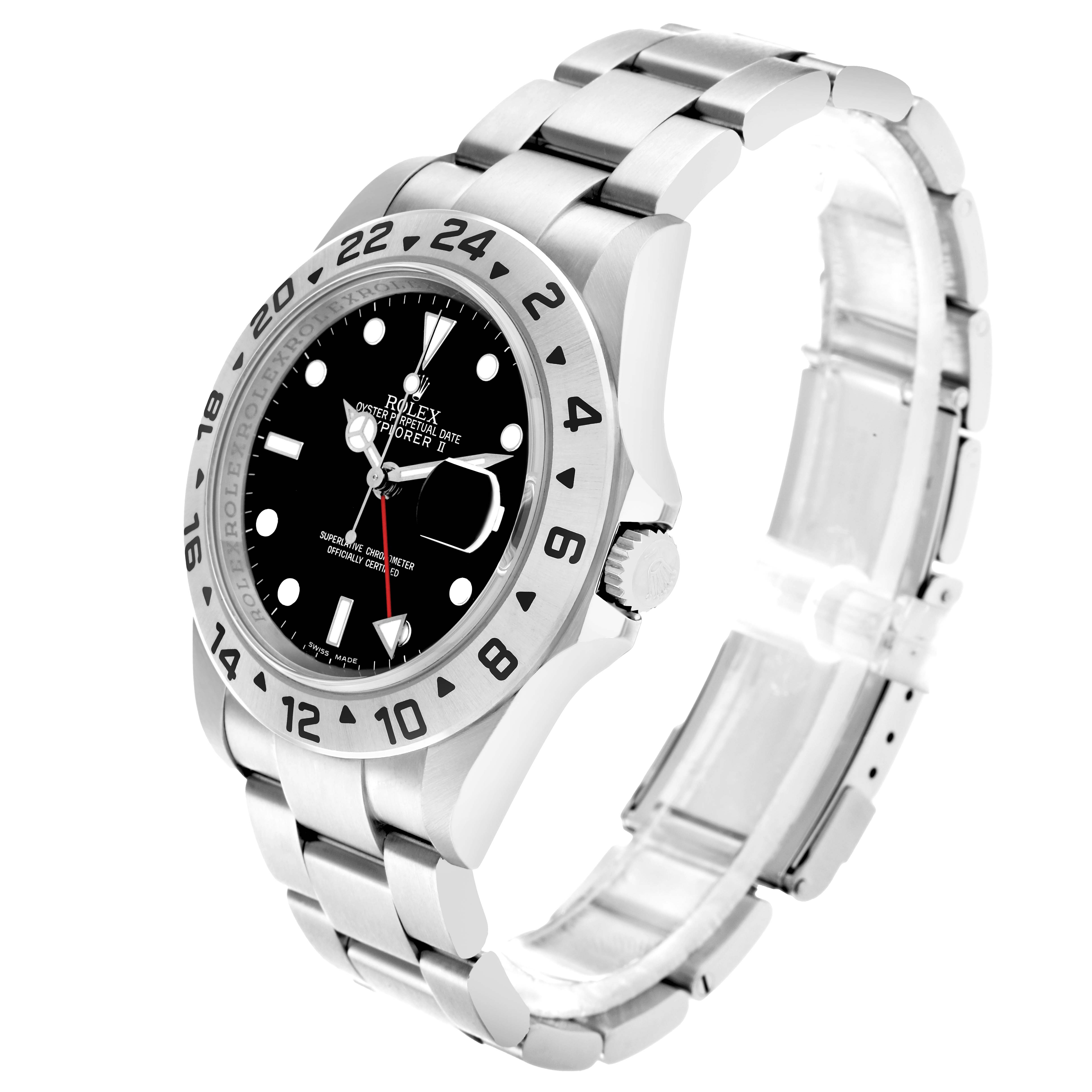 The Rolex Explorer 16570 Men
s Stainless Steel Black Dial watch is shown at a slight angle, displaying the dial, bezel, crown, and bracelet.