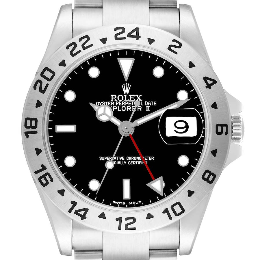 The image shows a front view of the Rolex Explorer 16570 Men's Stainless Steel Black Dial II watch, highlighting its dial, bezel, hands, and date window.