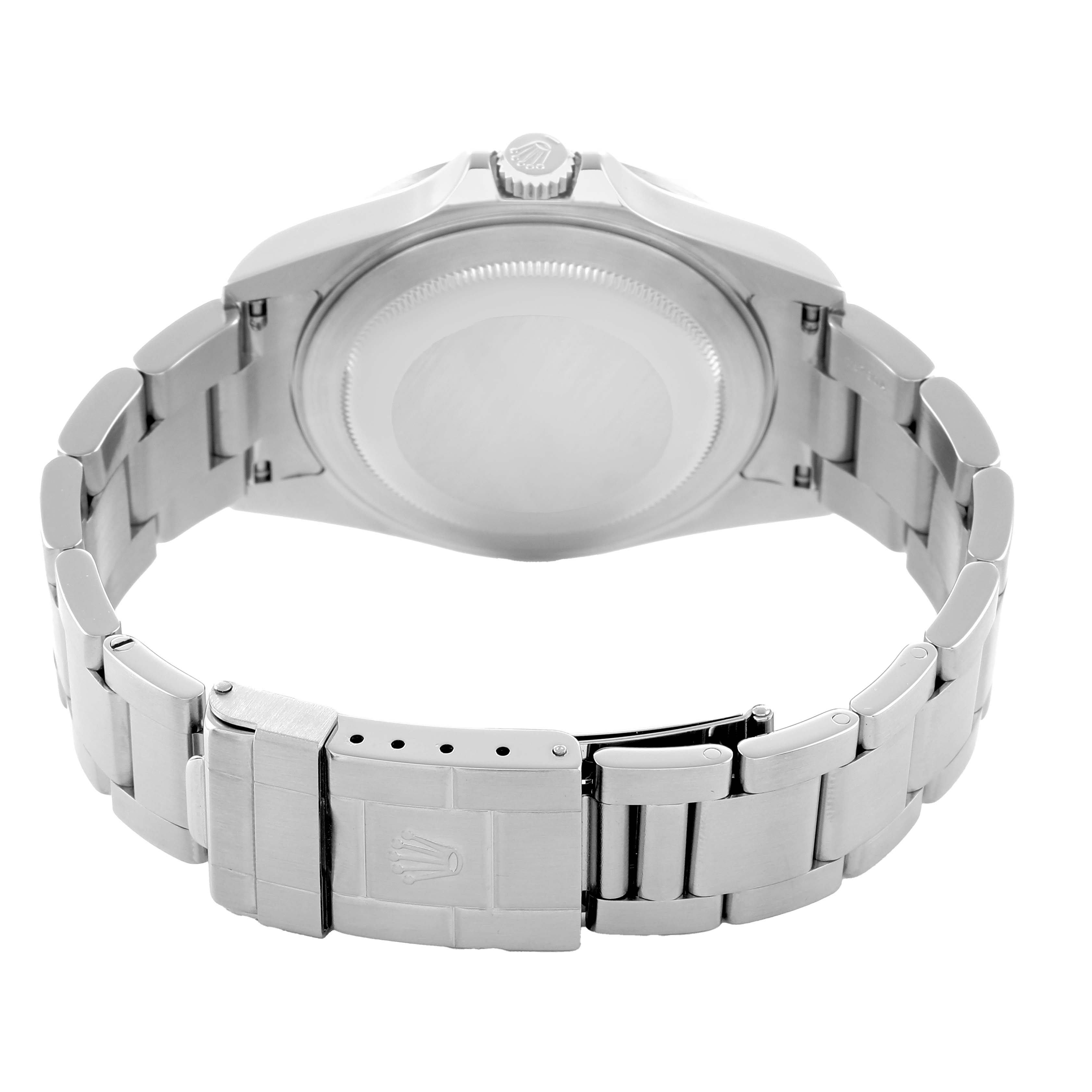 The image shows the back view of a Rolex Explorer 16570 Men
s Stainless Steel Black Dial, highlighting the case back, crown, and stainless steel bracelet with the clasp.