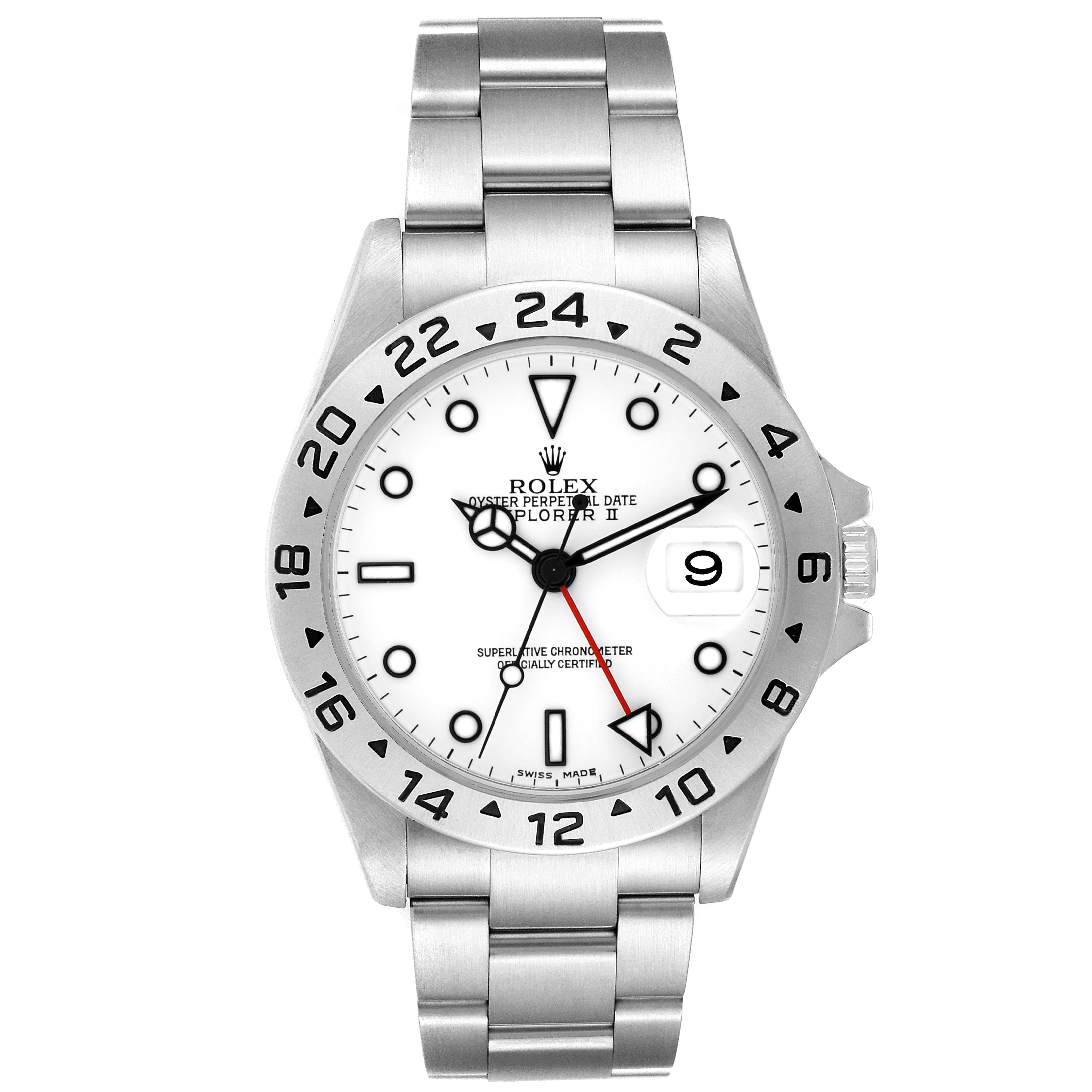 The Rolex Explorer 16570 Men
s Stainless Steel White Dial model is shown from a front angle, displaying the dial, bezel, bracelet, and crown.