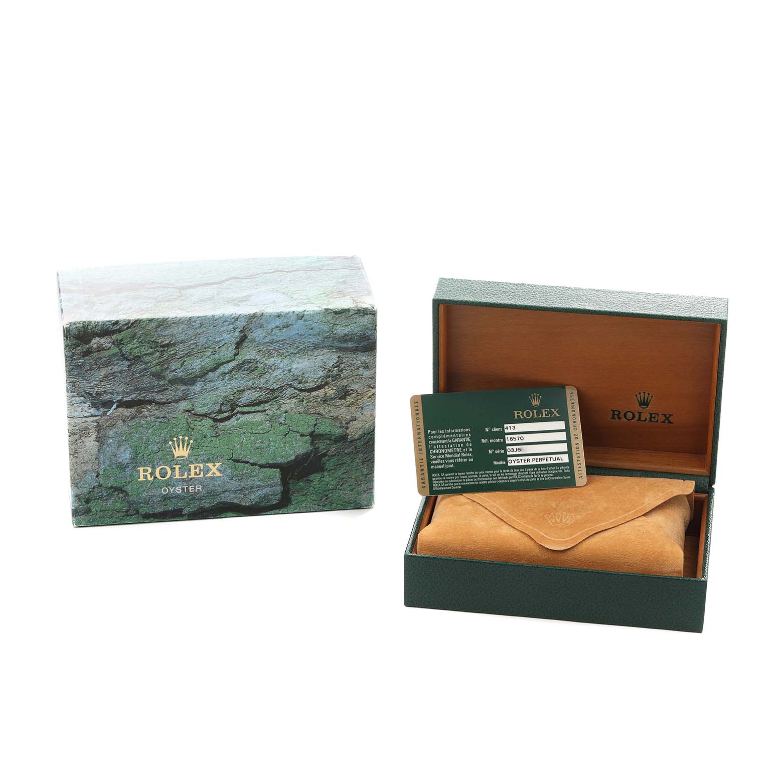 The image shows a Rolex Explorer 16570 Men
s Stainless Steel White Dial box, open to reveal a leather pouch and Best Quality
ity card inside.