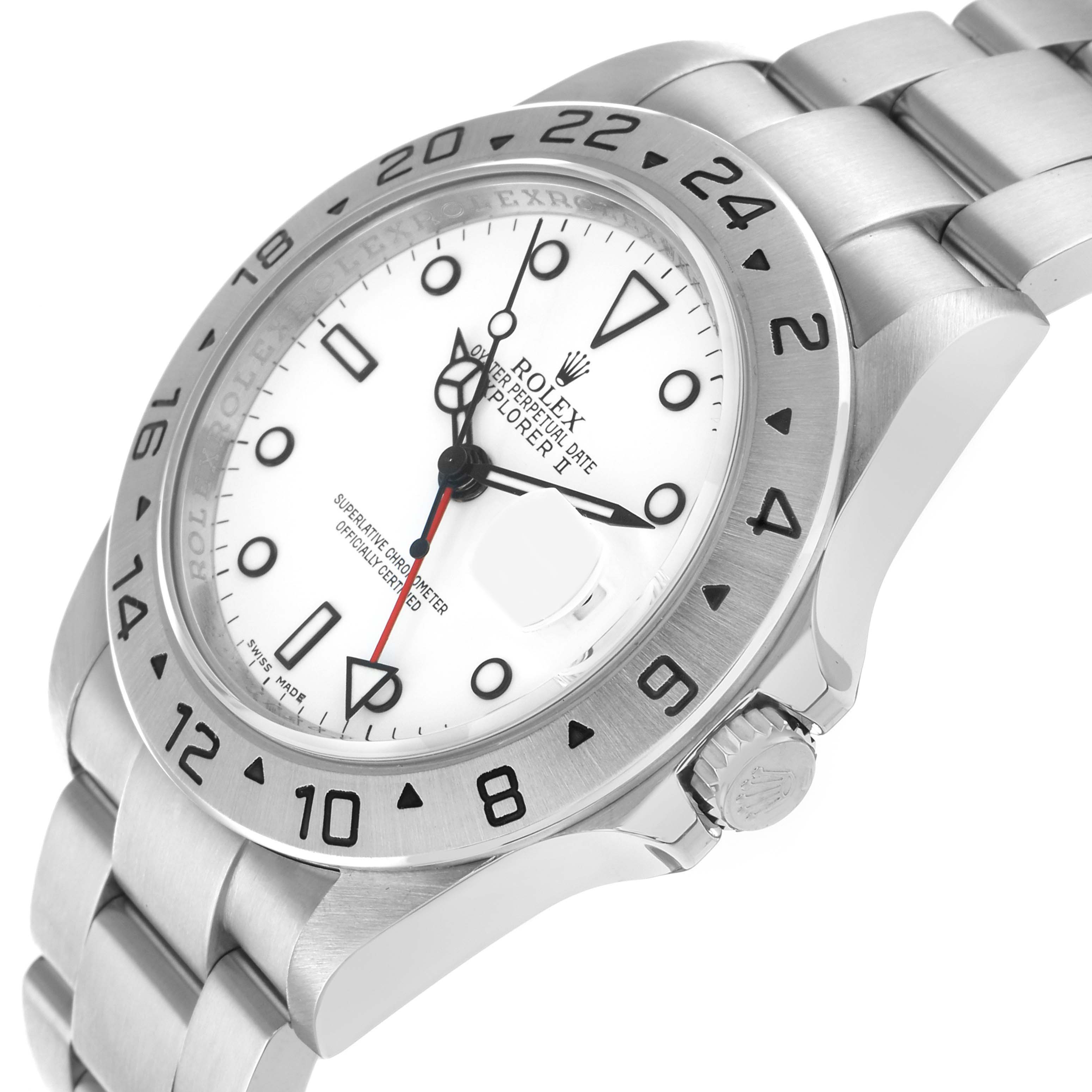 The Rolex Explorer 16570 Men
s Stainless Steel White Dial watch is shown at an angle highlighting the bezel, dial, crown, and part of the bracelet.
