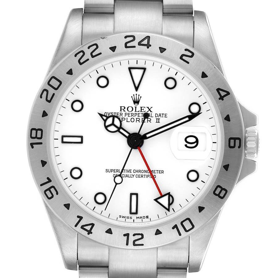 The Rolex Explorer 16570 Men's Stainless Steel White Dial II watch is shown from a front angle, highlighting the dial, bezel, and part of the bracelet.