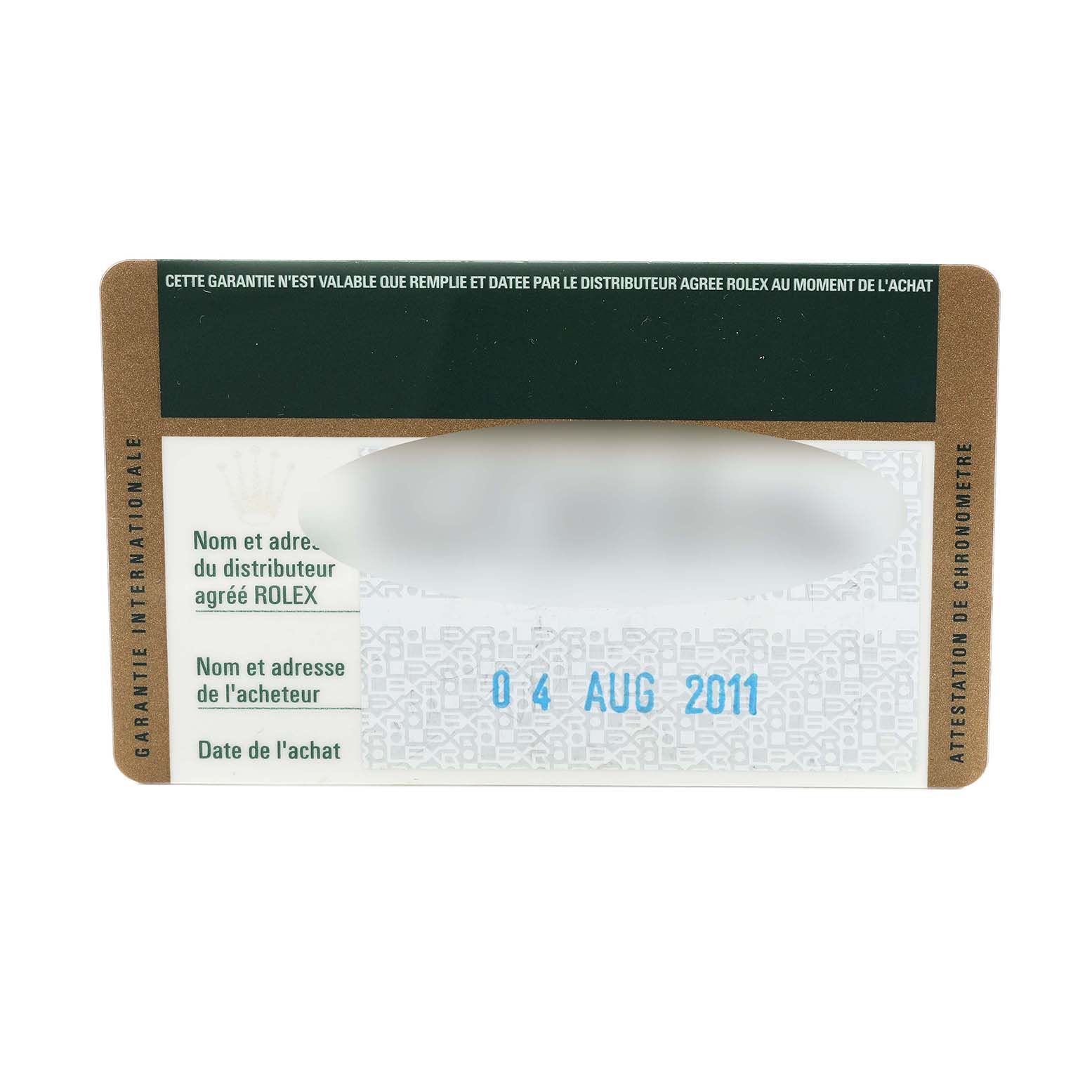 The image shows a warranty card for a Rolex Explorer 16570 Men
s Stainless Steel White Dial watch, displaying purchase details and distribution information.