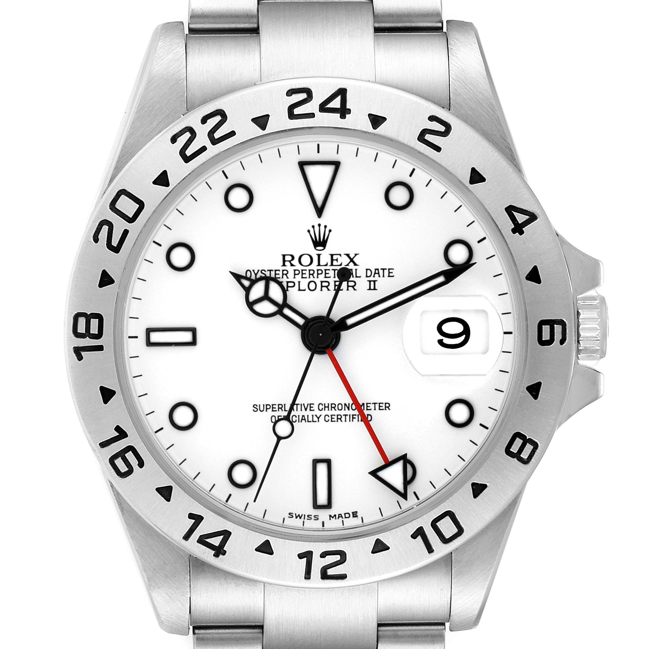 The Rolex Explorer 16570 Men
s Stainless Steel White Dial model is shown from a front angle, highlighting the dial, bezel, hands, date, and crown.