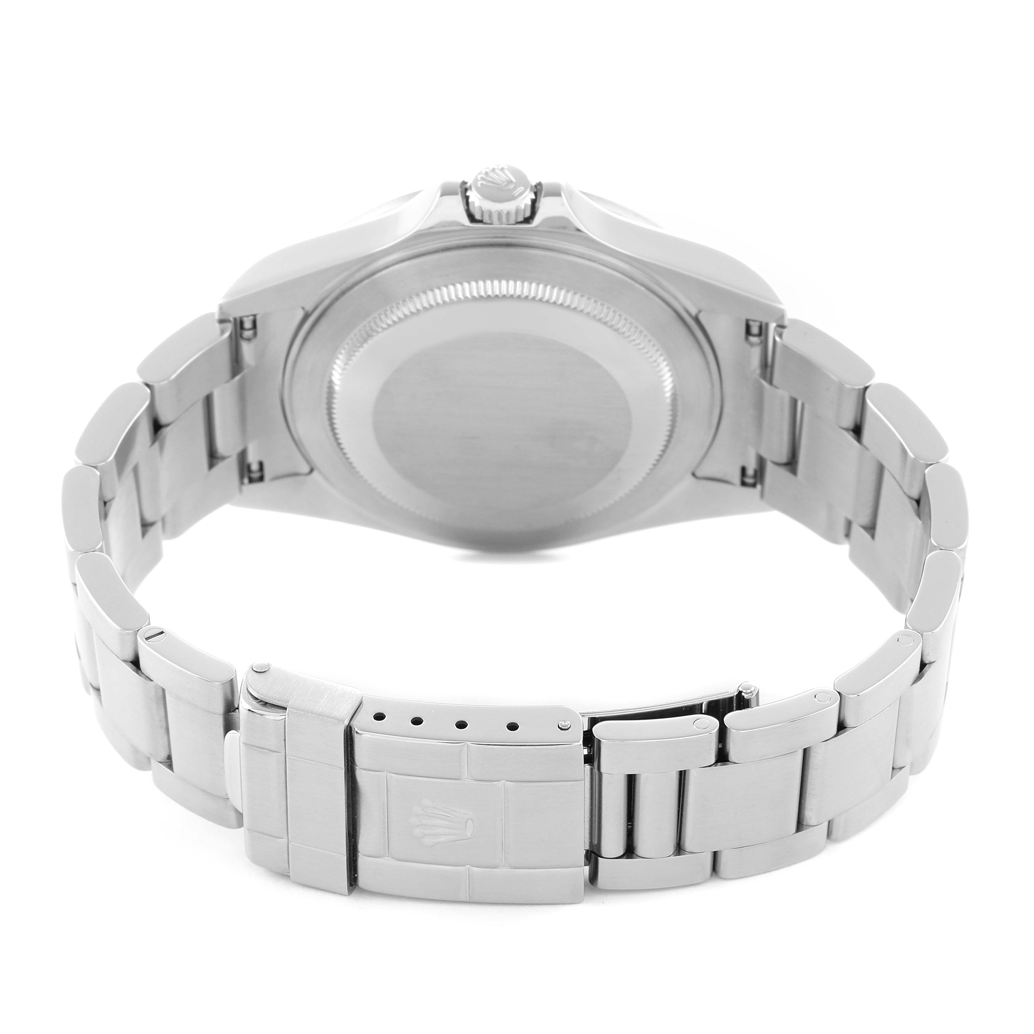 The image shows the Rolex Explorer 16570 Men
s Stainless Steel White Dial
s back case, bracelet, and clasp from a rear angle.