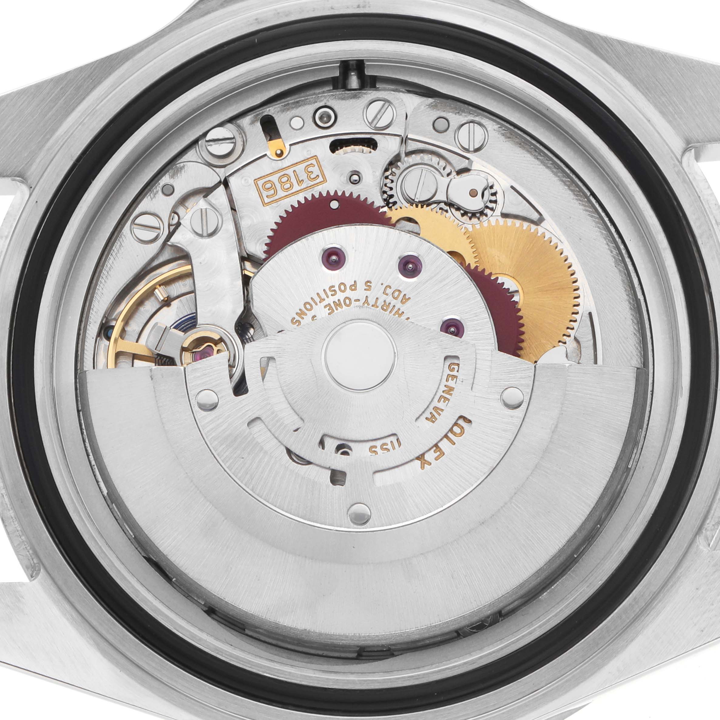The image shows the inner mechanism of the Rolex Explorer 16570 Men
s Stainless Steel White Dial, highlighting its intricate gears and movement from a rear angle.