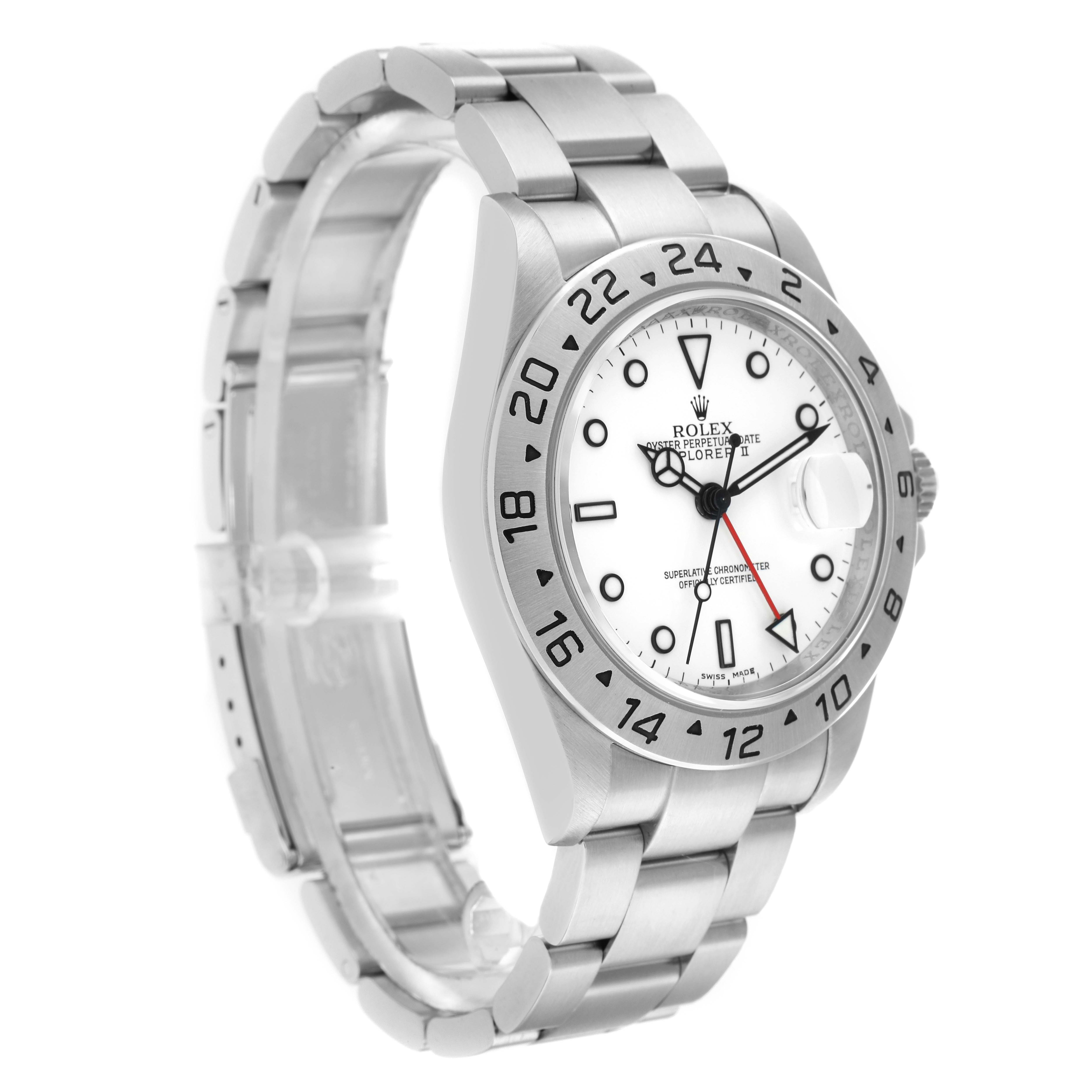 The Rolex Explorer 16570 Men
s Stainless Steel White Dial watch is shown at a slight side angle, highlighting the dial, bezel, and bracelet.