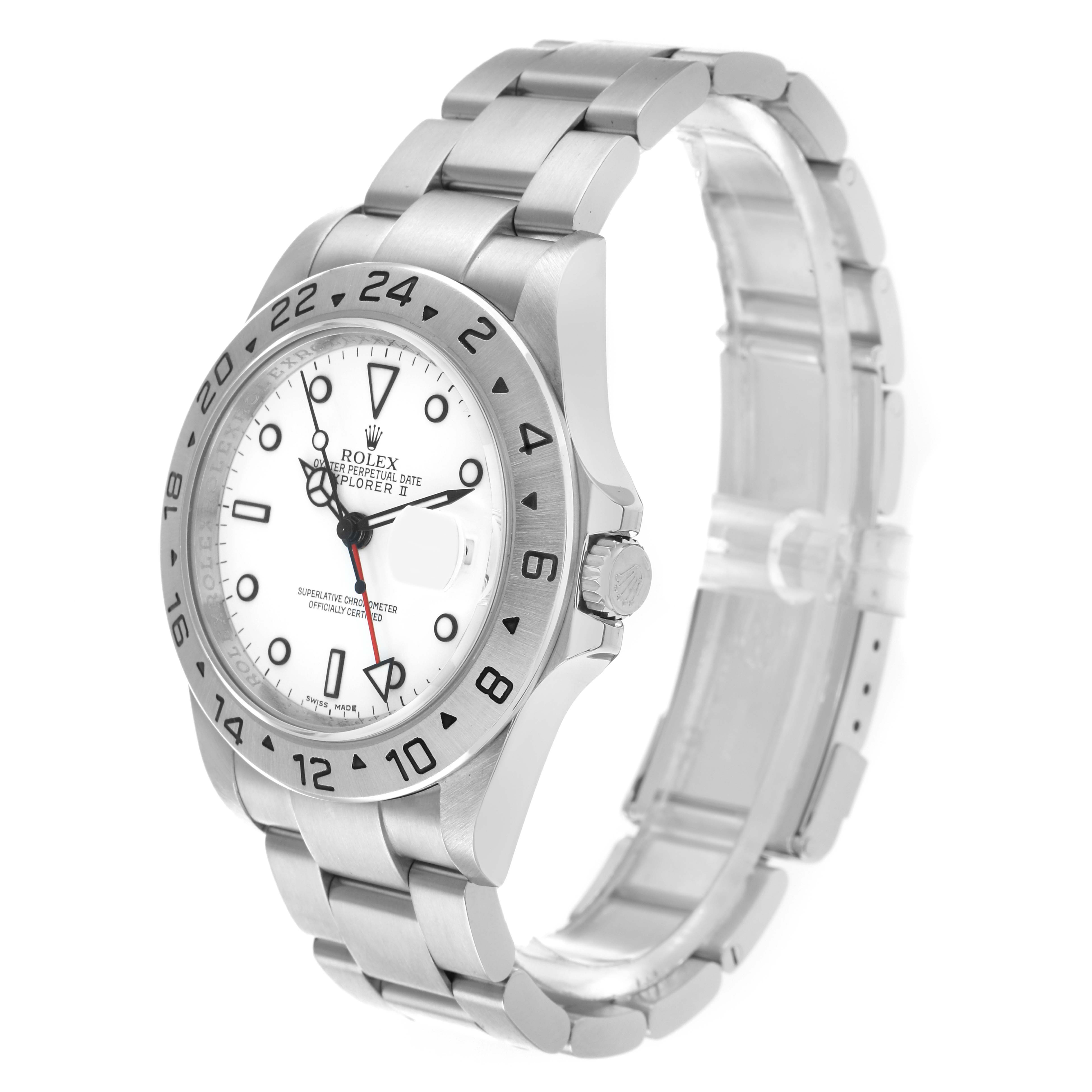 The Rolex Explorer 16570 Men
s Stainless Steel White Dial watch is shown from a three-quarter angle highlighting the face, bezel, crown, and bracelet.