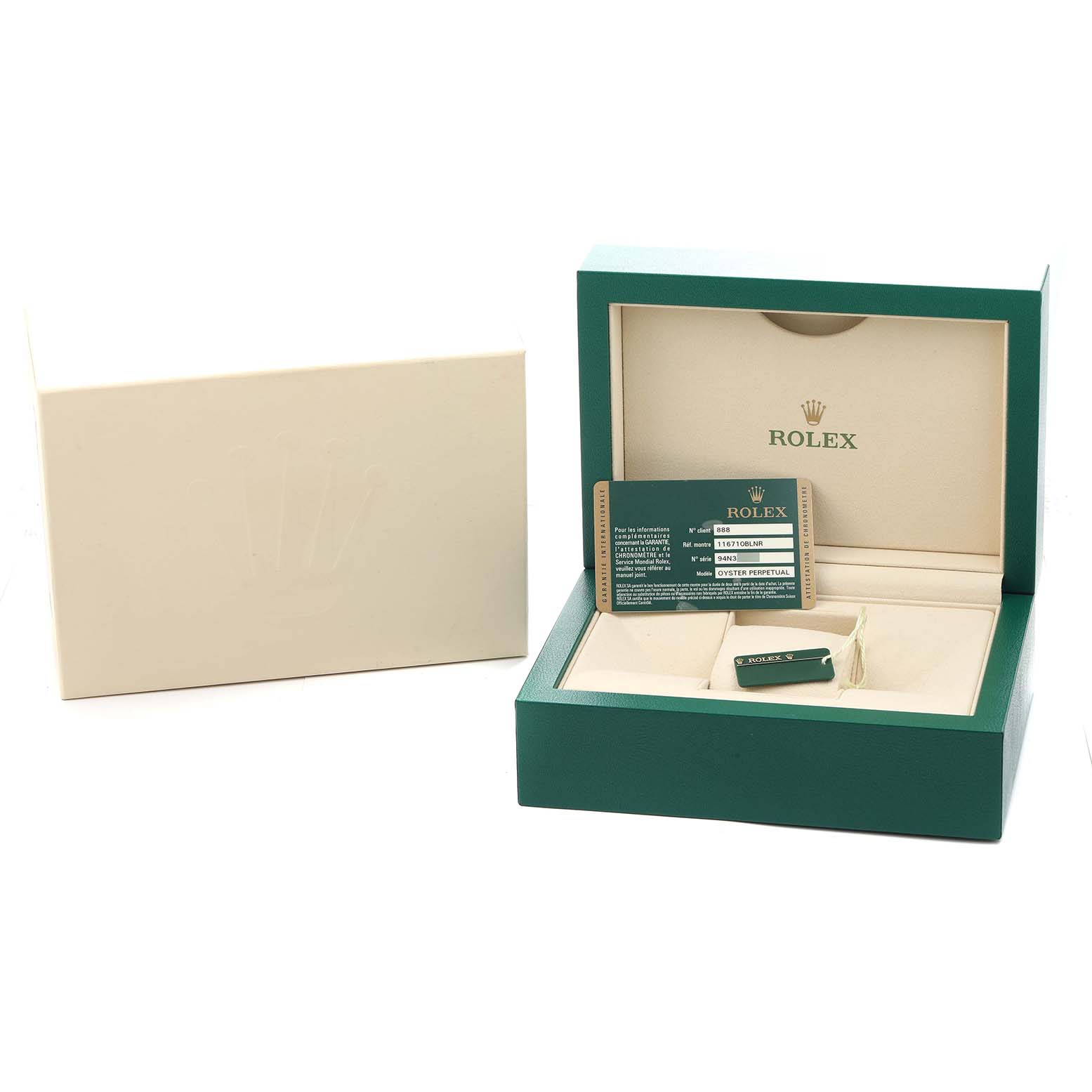 The image shows a Rolex GMT-Master 116710 Men
s Stainless Steel Black Dial watch box with warranty card and tag, with the lid open at an angle.