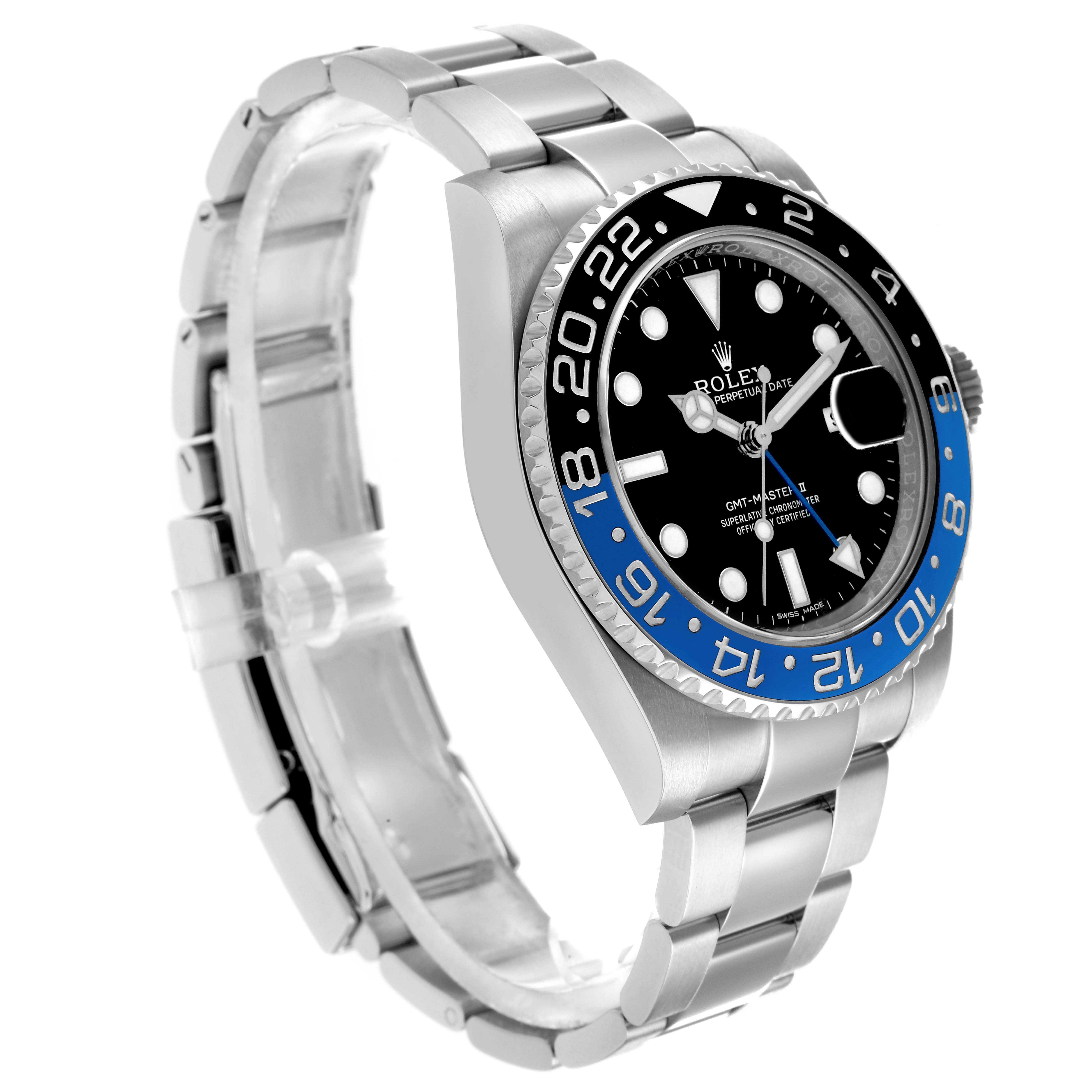 The Rolex GMT-Master 116710 Men
s Stainless Steel Black Dial watch is shown at a three-quarter angle, highlighting the bezel, dial, and stainless steel bracelet.
