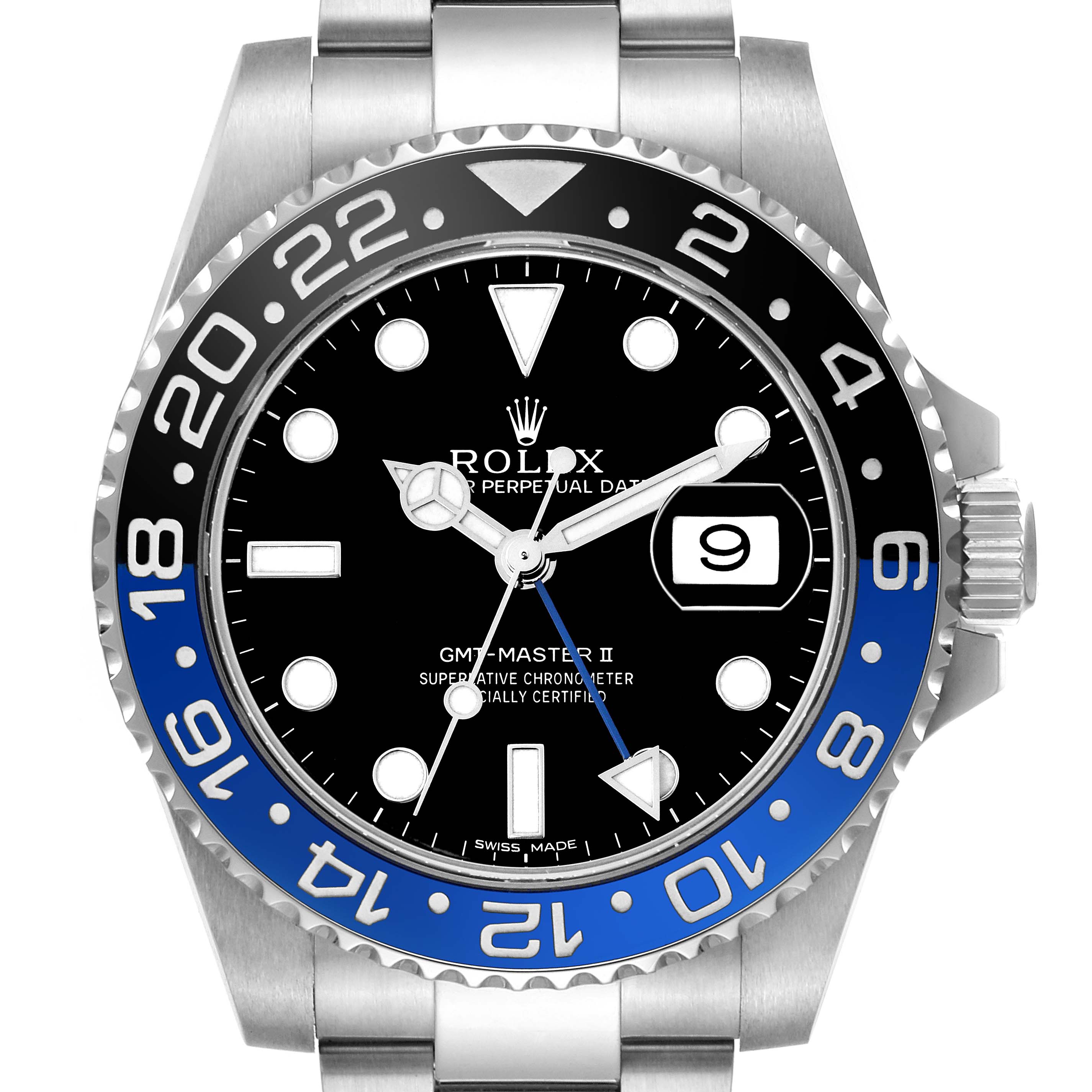 The Rolex GMT-Master 116710 Men
s Stainless Steel Black Dial II watch is shown from the front, displaying the bezel, dial, hands, and date window clearly.