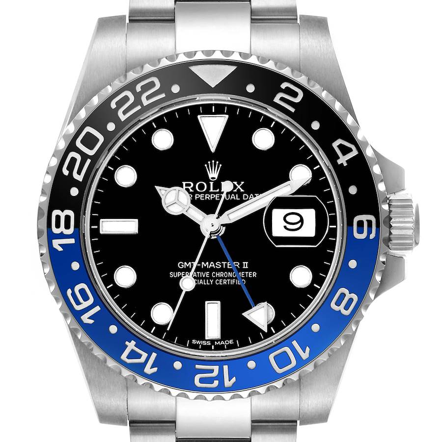 The Rolex GMT-Master 116710 Men's Stainless Steel Black Dial II watch is shown from the front, displaying the bezel, dial, hands, and date window clearly.