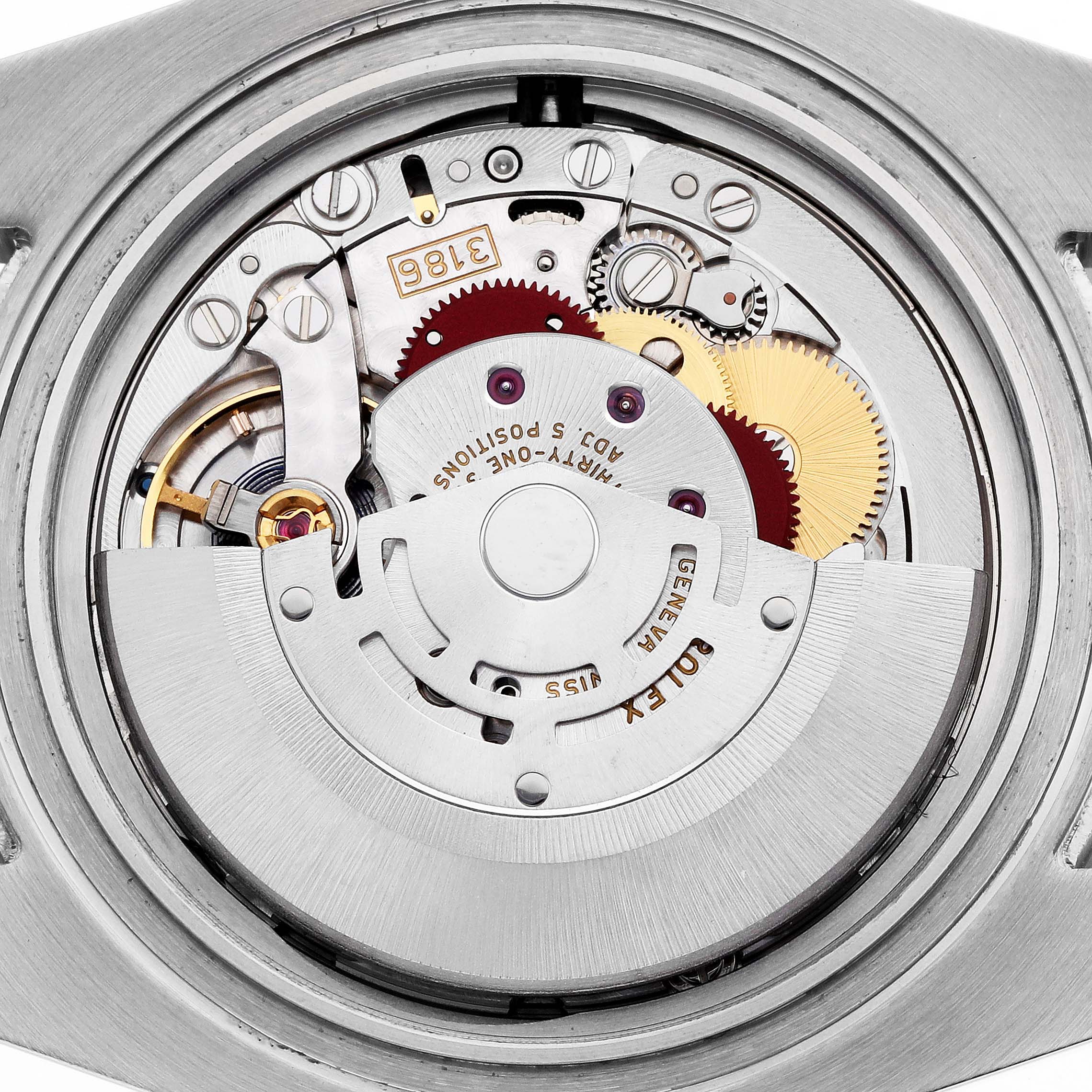 The image shows the movement of a Rolex GMT-Master 116710 Men
s Stainless Steel Black Dial, highlighting the intricate gears and rotor from a rear view.