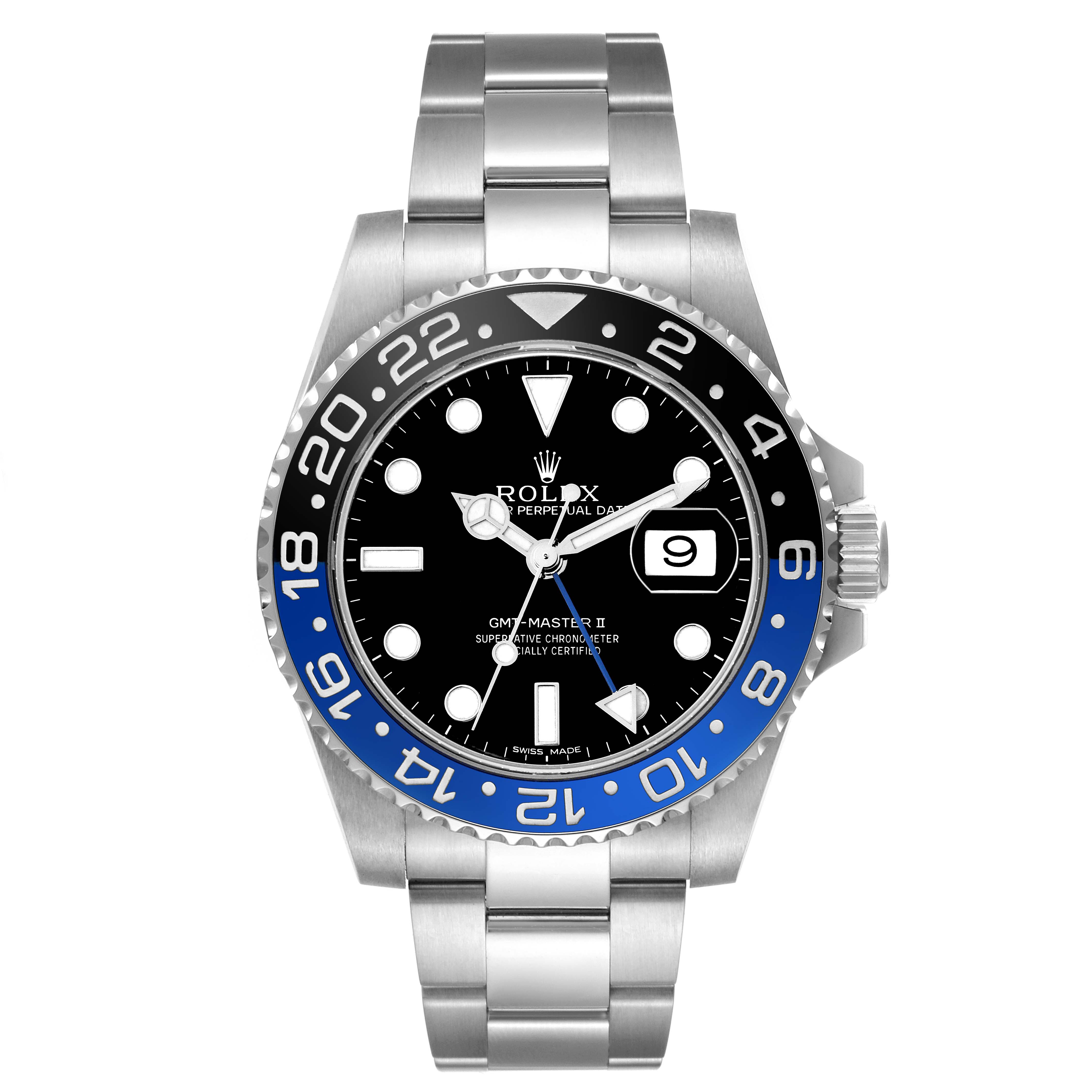 The Rolex GMT-Master 116710 Men
s Stainless Steel Black Dial is shown from a top-down angle, displaying the dial, bezel, case, and bracelet.