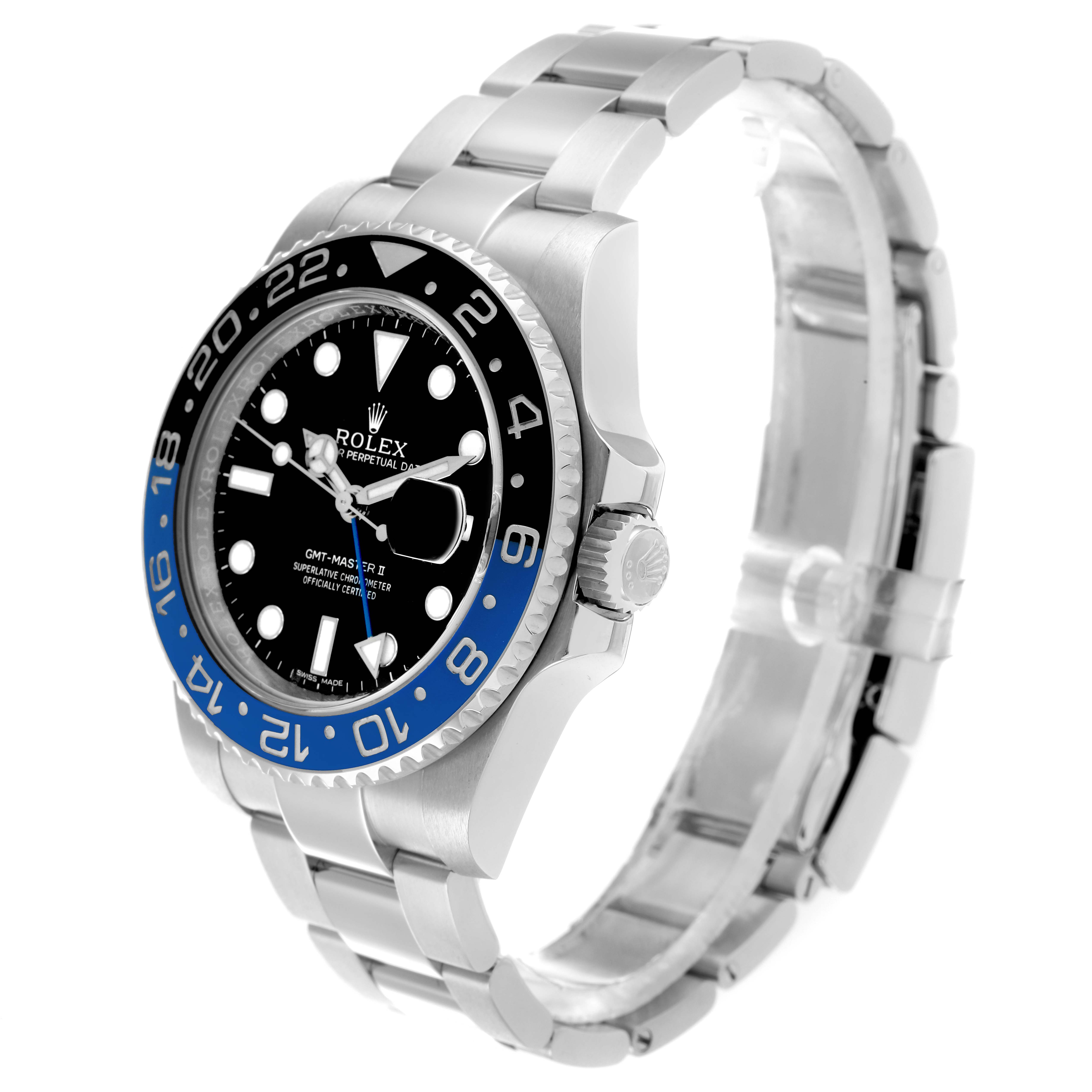 The Rolex GMT-Master 116710 Men
s Stainless Steel Black Dial model is shown at a three-quarter angle, highlighting the bezel, dial, case, and bracelet.