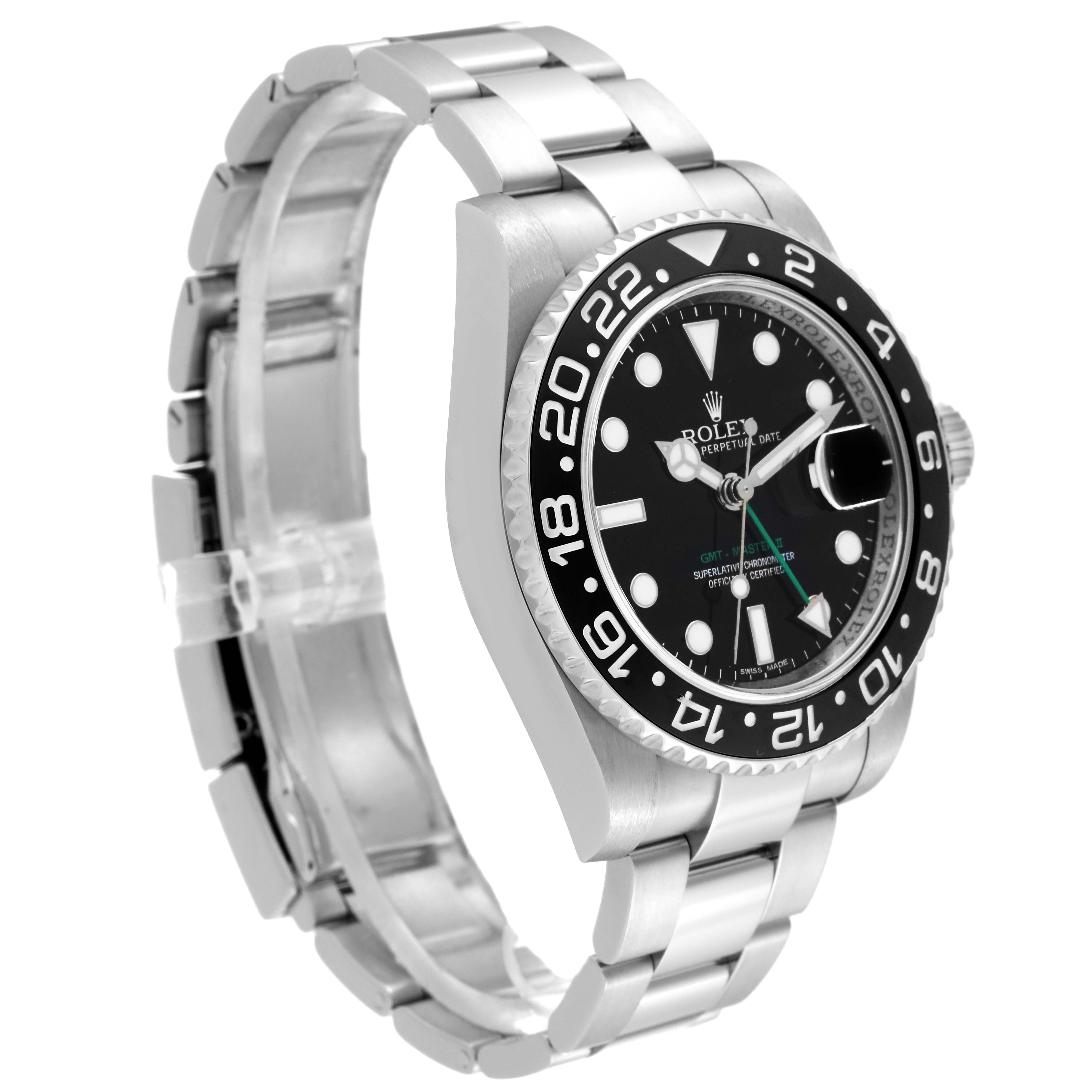 The image shows a side angle of the Rolex GMT-Master 116710 Men
s Stainless Steel Black Dial 116710 Men
s Stainless Steel Black Dial watch, highlighting its bezel, dial, and bracelet.