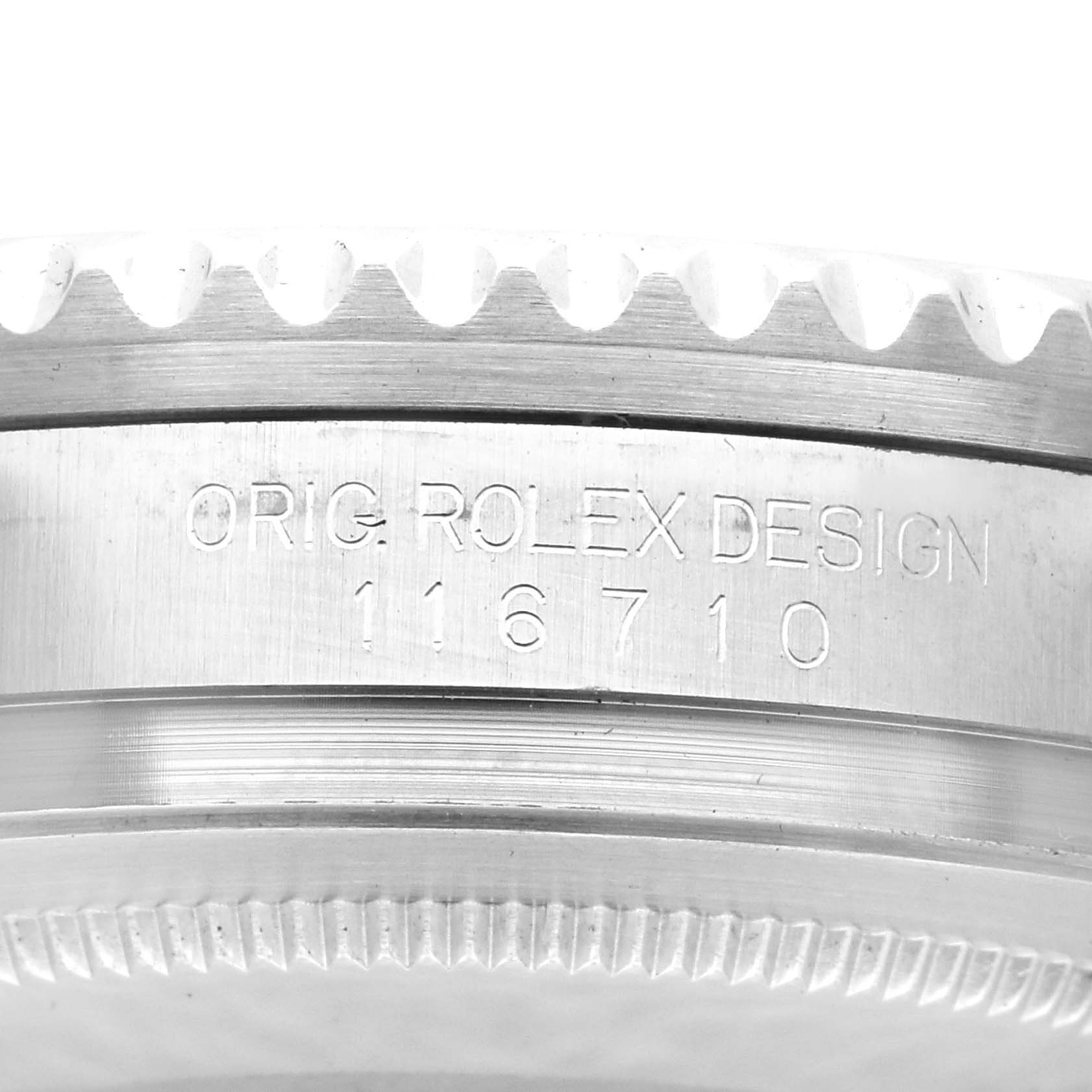 This is a close-up view of the engraved model number "116710" on the case side of a Rolex GMT-Master 116710 Men
s Stainless Steel Black Dial 116710 Men
s Stainless Steel Black Dial watch.