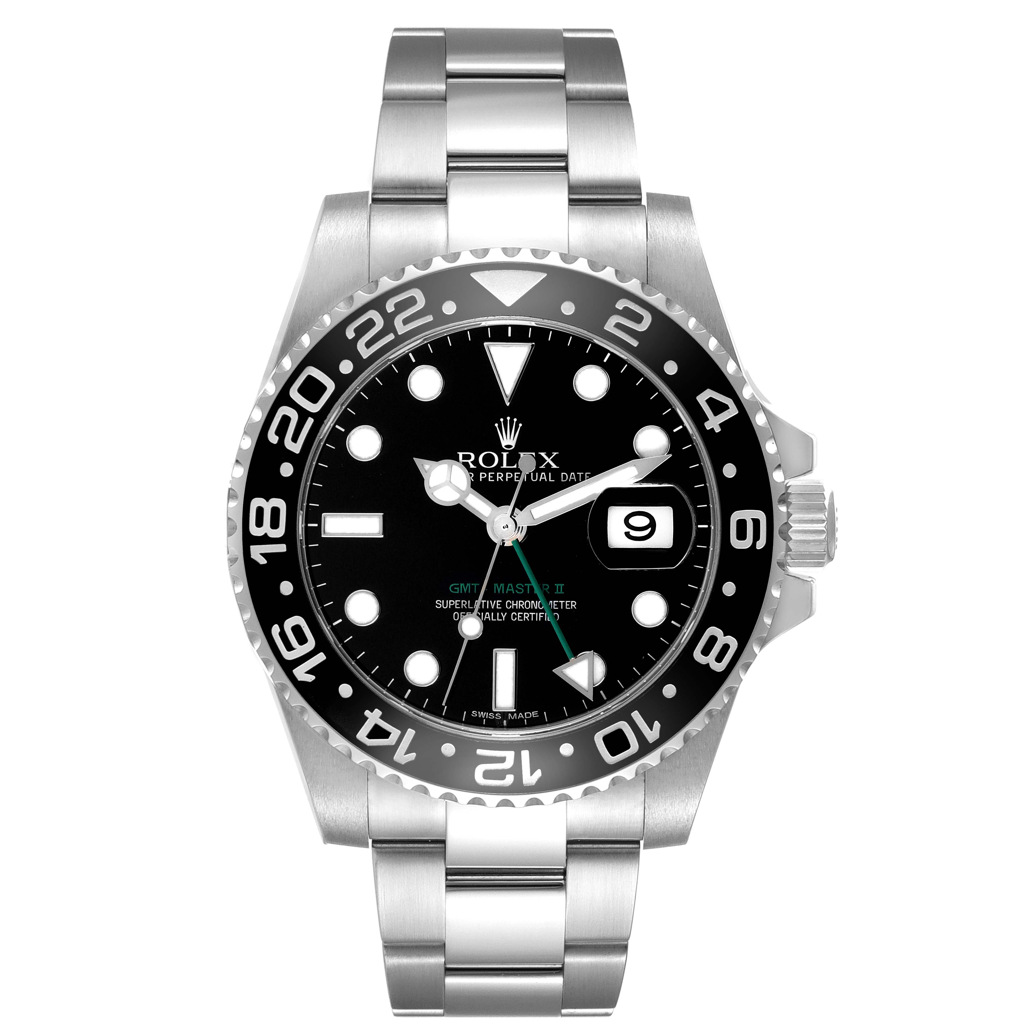 This image shows a front view of a Rolex GMT-Master 116710 Men
s Stainless Steel Black Dial 116710 Men
s Stainless Steel Black Dial II watch, displaying the bezel, dial, hands, date window, and bracelet.