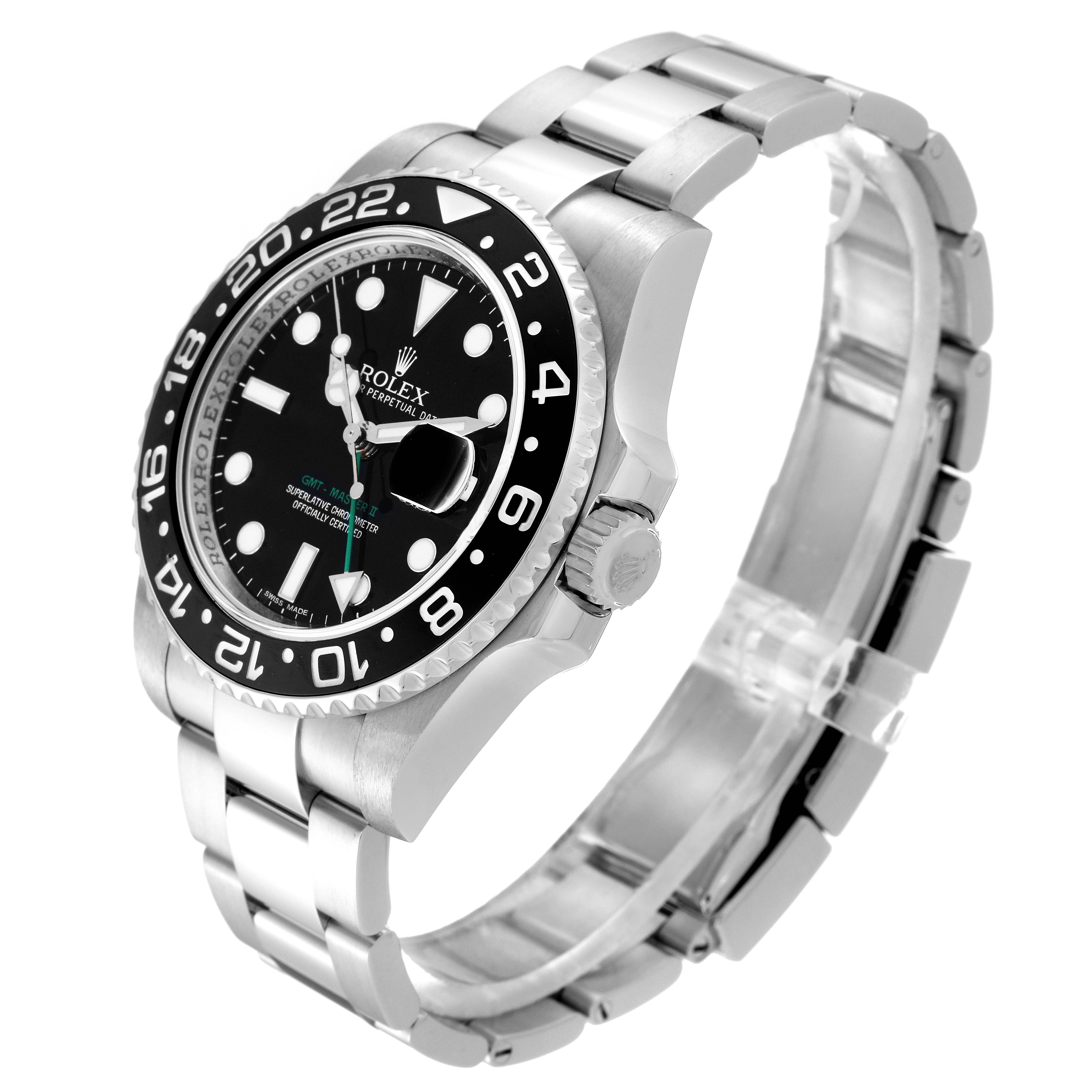 The image shows a front and side view of a Rolex GMT-Master 116710 Men
s Stainless Steel Black Dial 116710 Men
s Stainless Steel Black Dial watch, highlighting the bezel, dial, and bracelet.