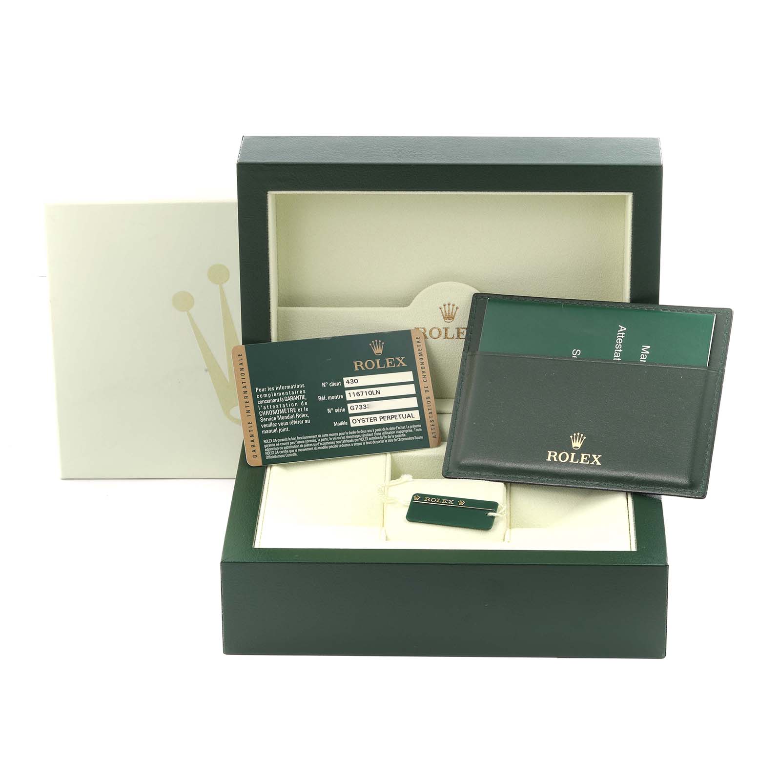 The image shows a Rolex GMT-Master 116710 Men
s Stainless Steel Black Dial 116710 Men
s Stainless Steel Black Dial watch box, warranty card, holder, and booklet from a front angle.