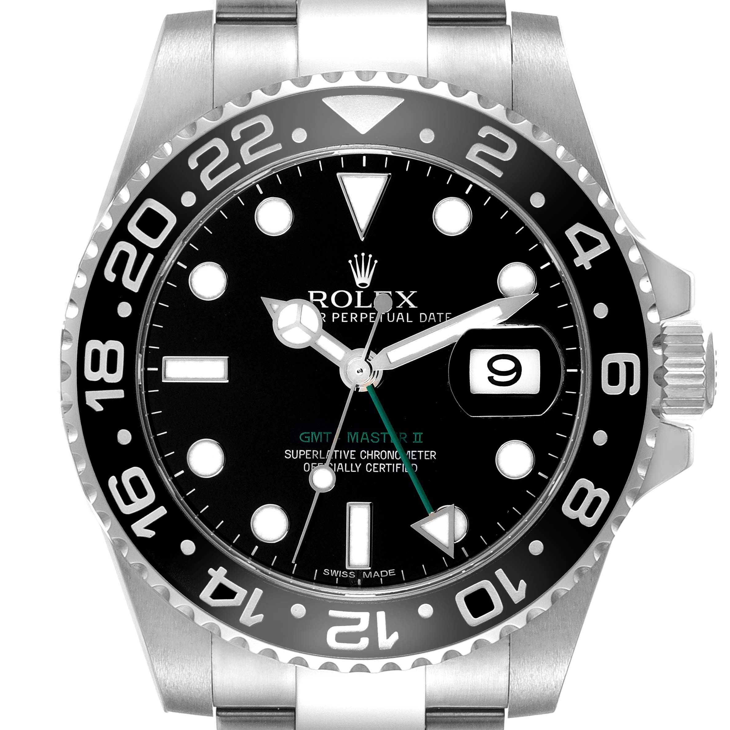 This image shows the face and bezel of the Rolex GMT-Master 116710 Men
s Stainless Steel Black Dial 116710 Men
s Stainless Steel Black Dial II watch in a head-on angle.