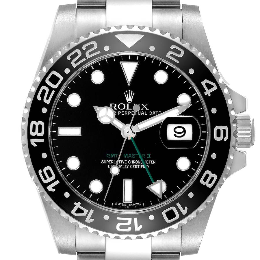 Rolex GMT Master II Green Hand Black Dial Steel Mens Watch 116710 Box Card SwissWatchExpo