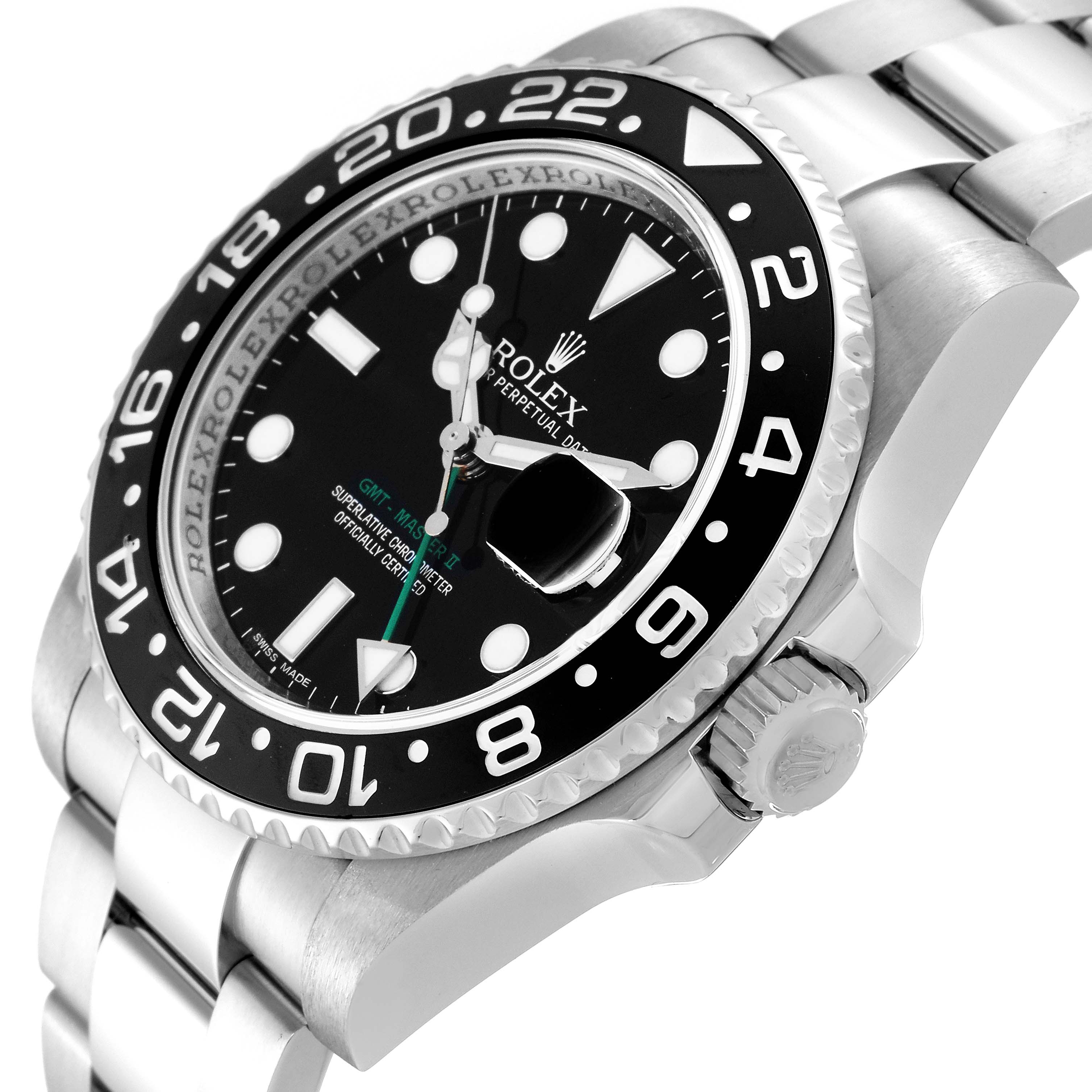 The Rolex GMT-Master 116710 Men
s Stainless Steel Black Dial 116710 Men
s Stainless Steel Black Dial watch is shown at an angled close-up of the face, bezel, crown, and part of the bracelet.