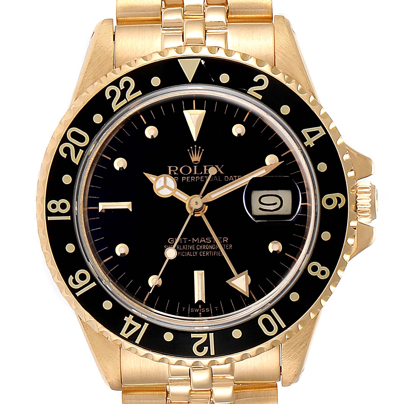 This image shows a front view of a Rolex GMT-Master 16758 Men's Yellow Gold Black Dial 16758 Men's Yellow Gold Black Dial watch, displaying the dial, bezel, and bracelet attachment.