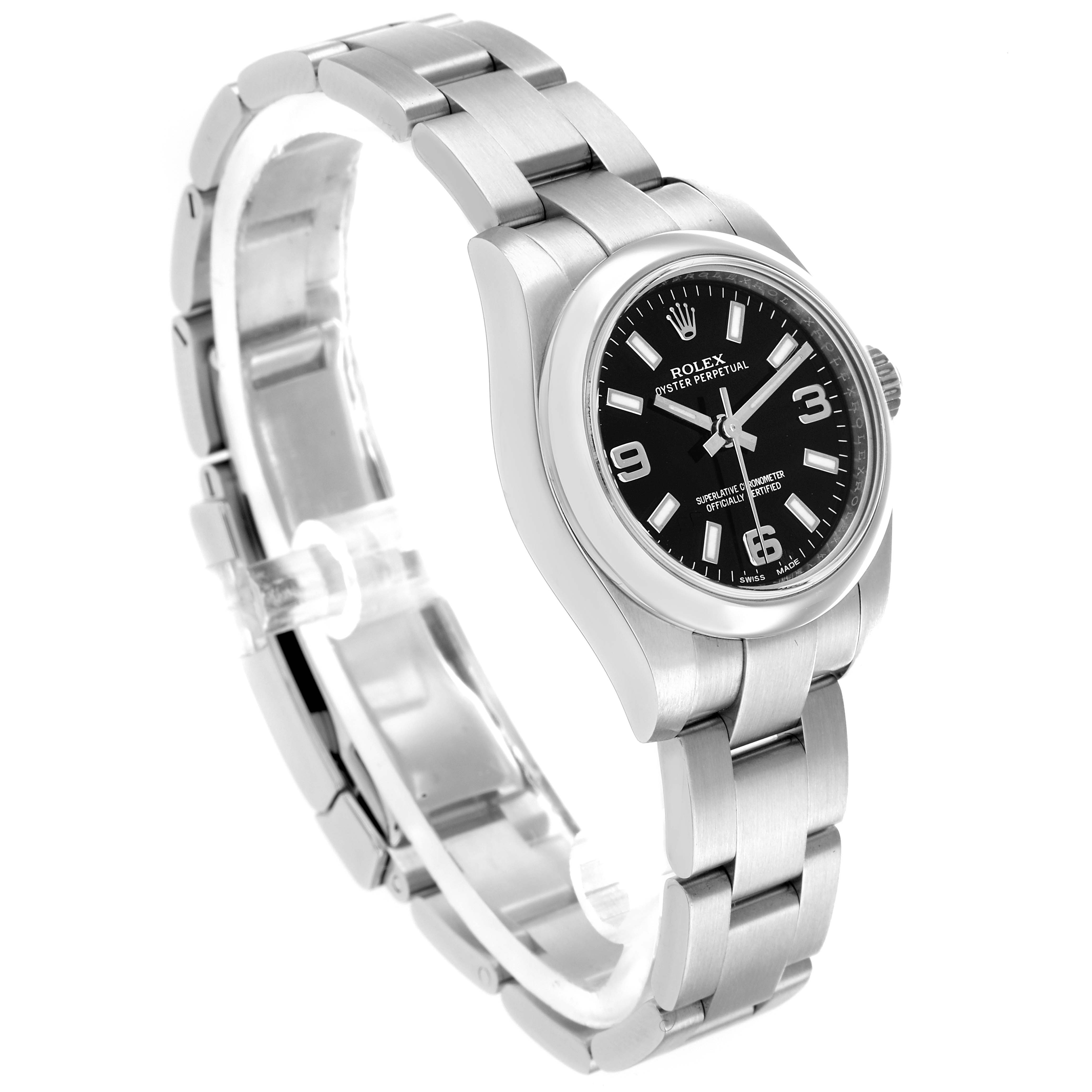 The Rolex Oyster Perpetual 176200 Women
s Stainless Steel Black Dial watch is shown at a diagonal angle, highlighting the watch face, case, and bracelet.