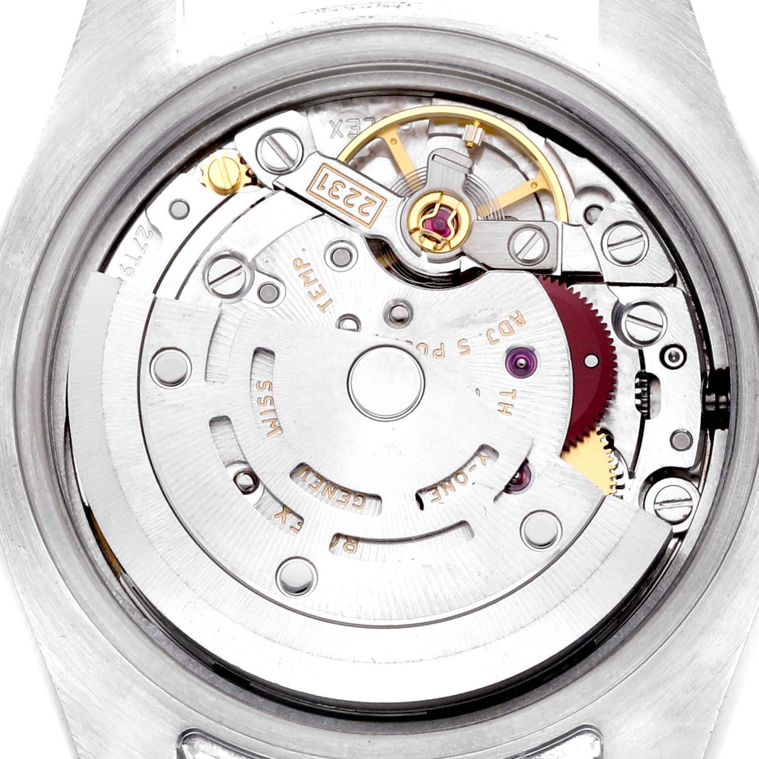 The image shows the internal mechanism of the Rolex Oyster Perpetual 176200 Women
s Stainless Steel Black Dial watch from a top-down angle, highlighting its intricate components.