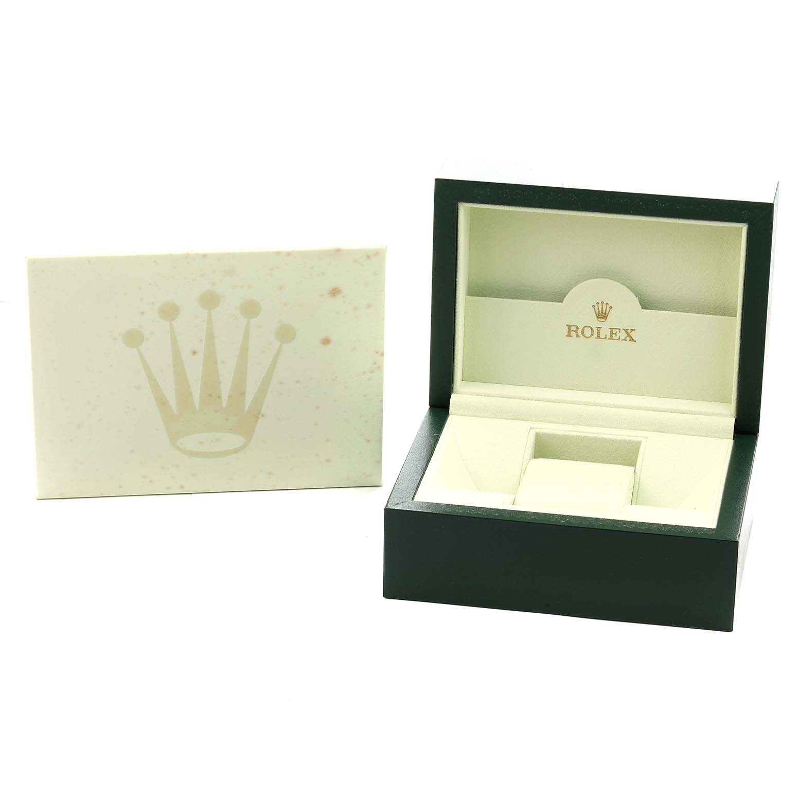 The image shows a Rolex Oyster Perpetual 176200 Women
s Stainless Steel Black Dial watch box open, alongside an outer card sleeve, angled from the front.