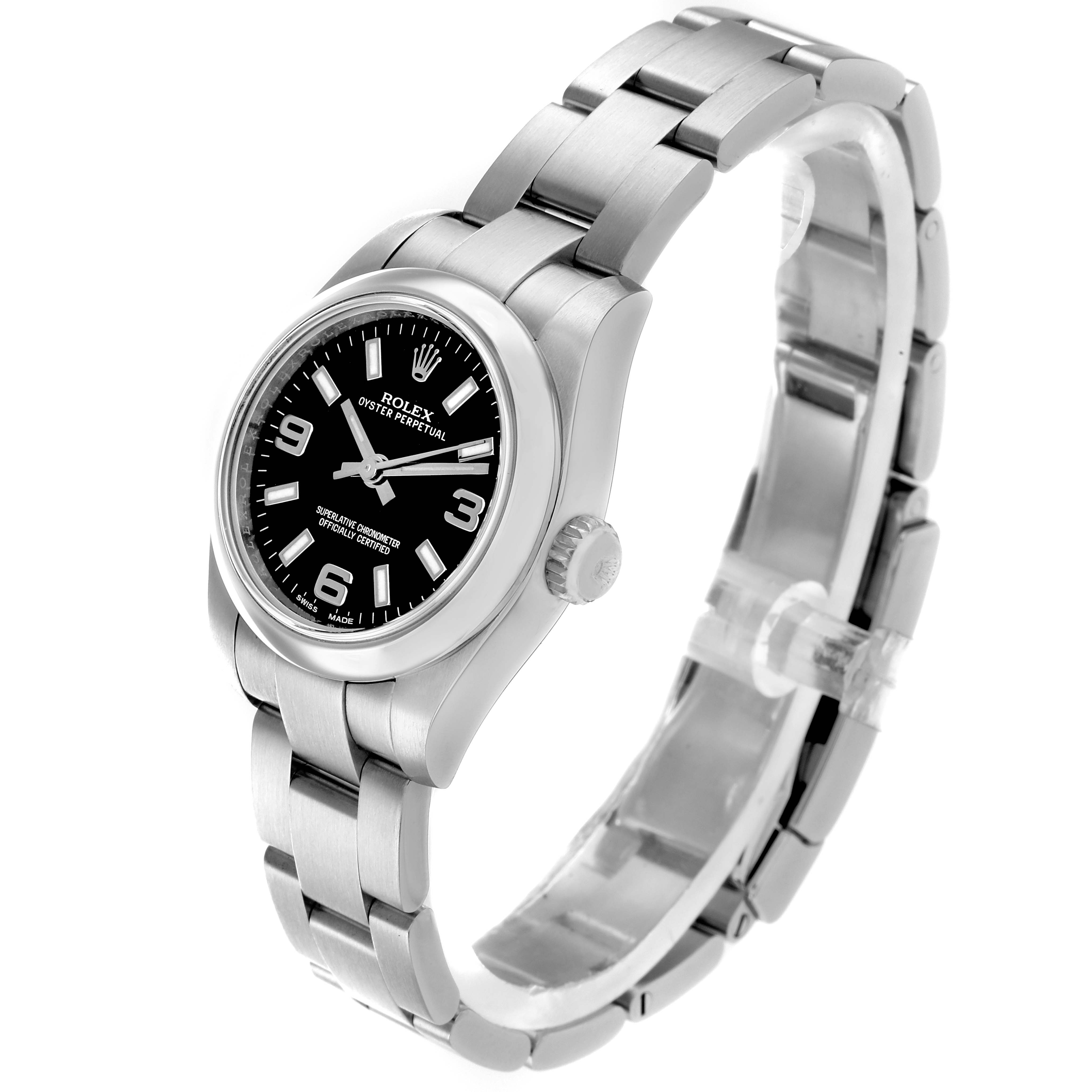 The Rolex Oyster Perpetual 176200 Women
s Stainless Steel Black Dial watch is shown at a three-quarter angle, highlighting the face, bracelet, and crown.