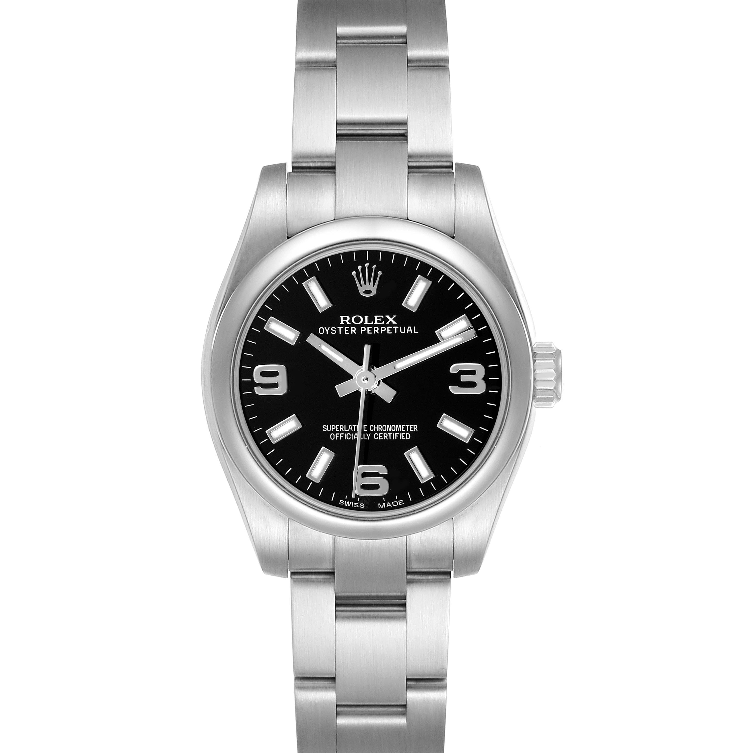 The Rolex Oyster Perpetual 176200 Women
s Stainless Steel Black Dial watch is shown from a frontal angle, displaying its black dial, bezel, case, bracelet, and crown.