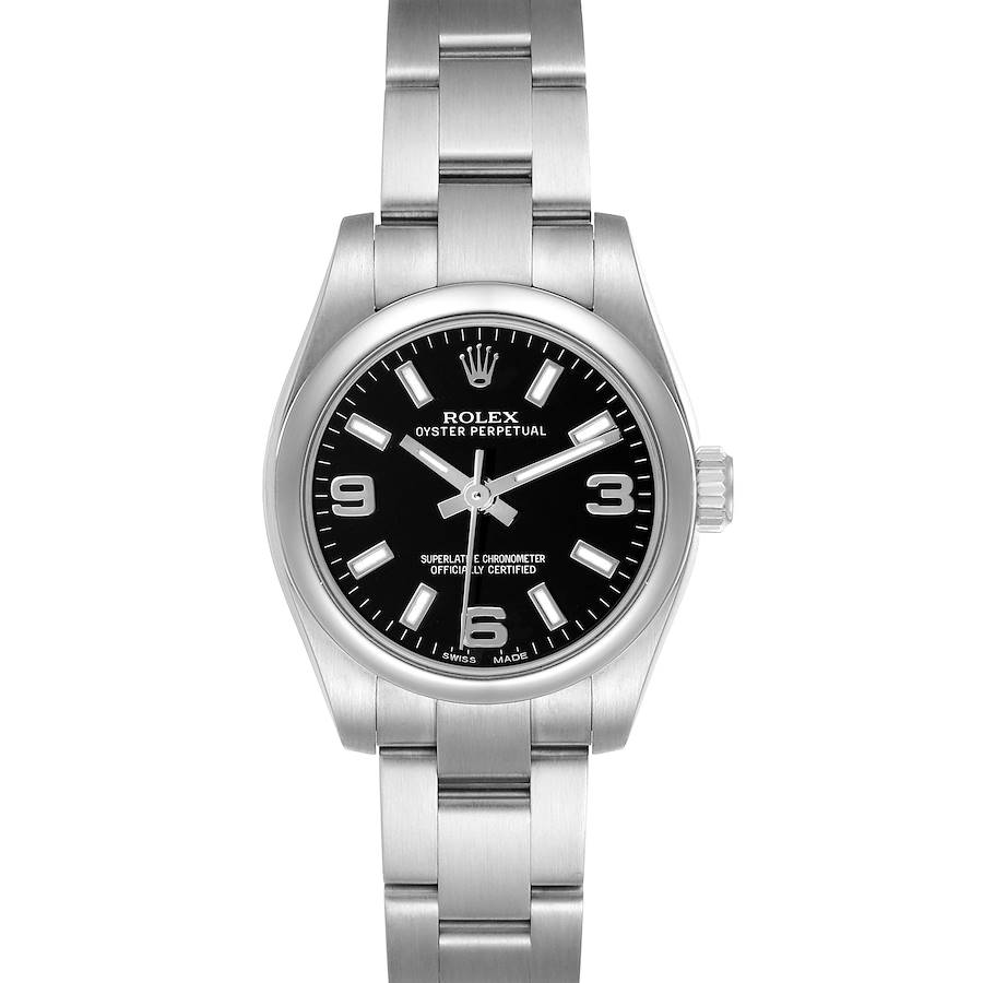 The Rolex Oyster Perpetual 176200 Women's Stainless Steel Black Dial watch is shown from a frontal angle, displaying its black dial, bezel, case, bracelet, and crown.