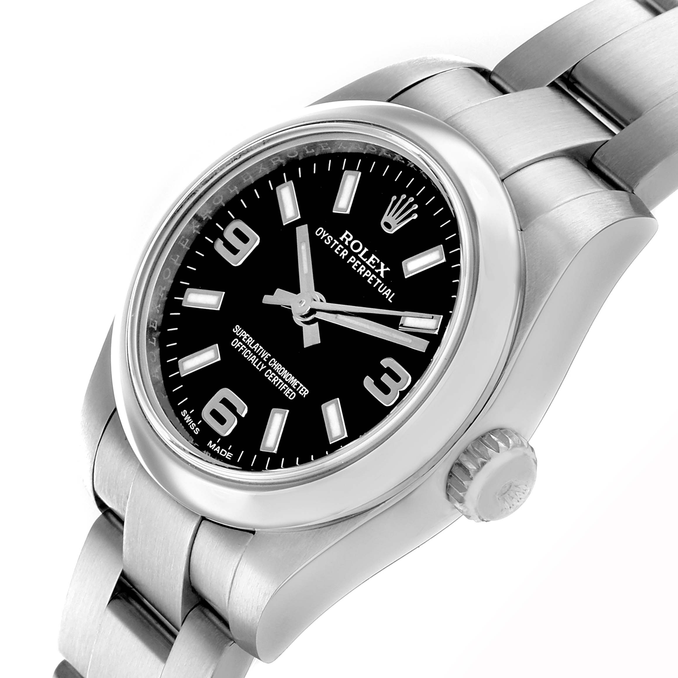 The Rolex Oyster Perpetual 176200 Women
s Stainless Steel Black Dial watch is shown at an angled top view, highlighting the dial, bezel, and part of the bracelet.