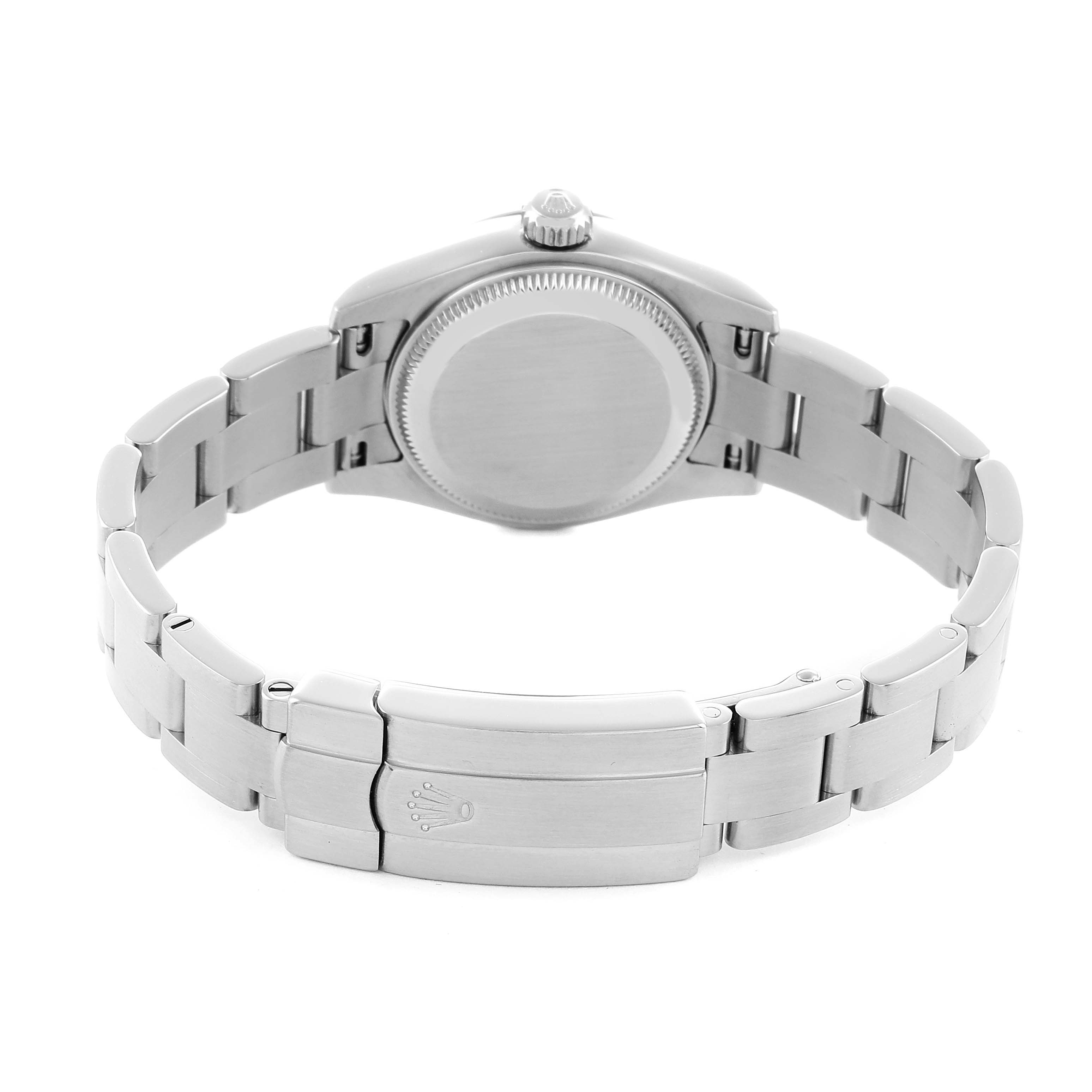 The image shows the back view of a Rolex Oyster Perpetual 176200 Women
s Stainless Steel Black Dial, highlighting the case back, bracelet, and clasp.